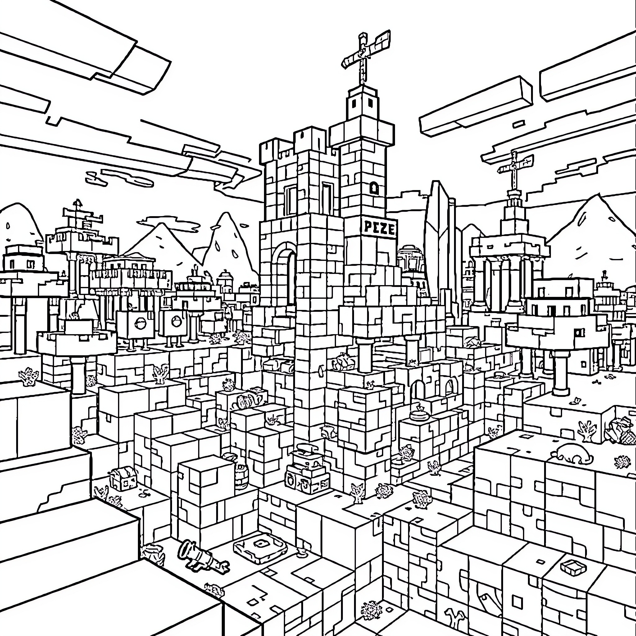 Minecraft cityscape with diverse structures and landscapes Coloring Page (free black-and-white line drawing printable PDF for all, from beginners to advanced learners, including children, teens, adults, and seniors)