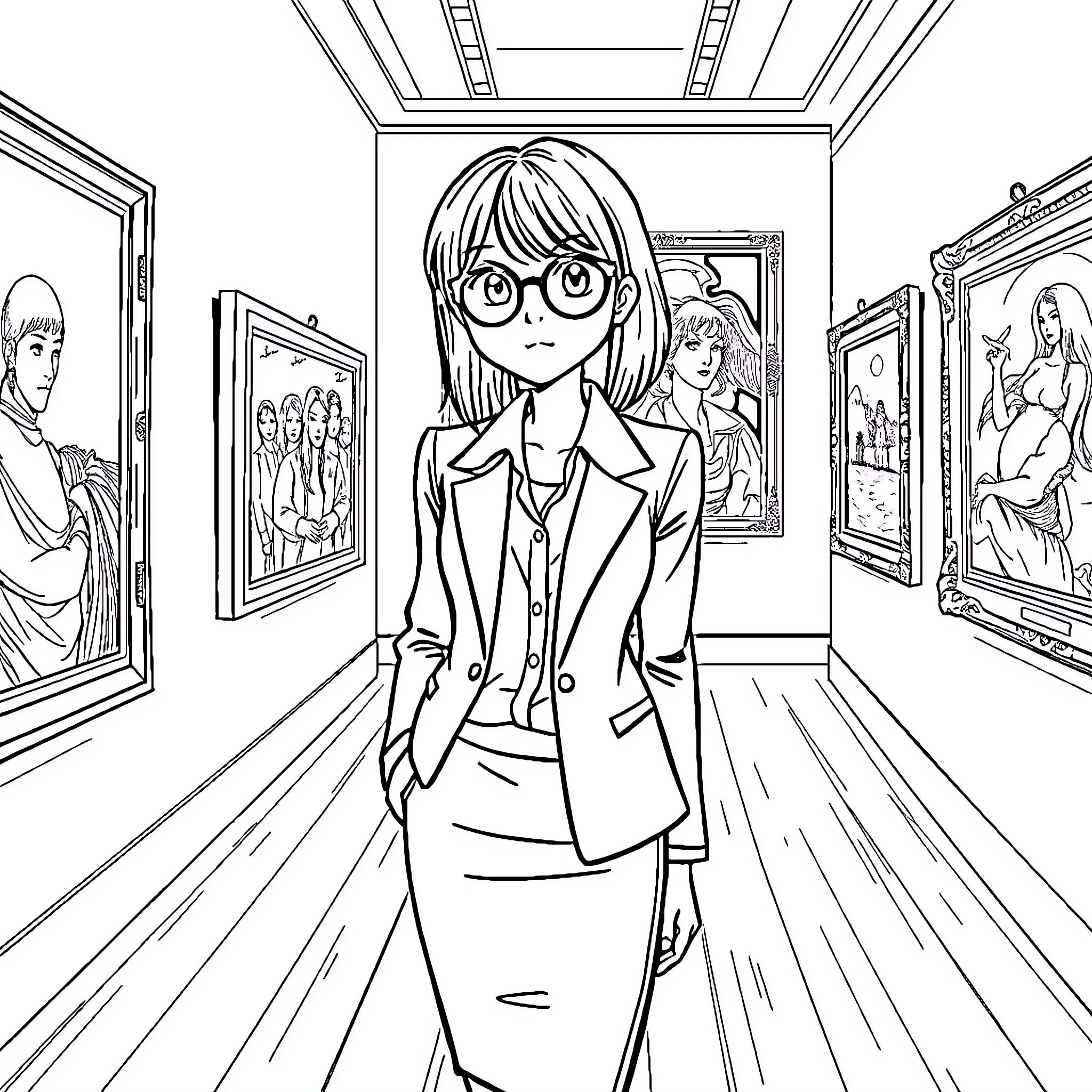 Girl exploring an art gallery Coloring Page (free black-and-white line drawing printable PDF for all, from beginners to advanced learners, including children, teens, adults, and seniors)