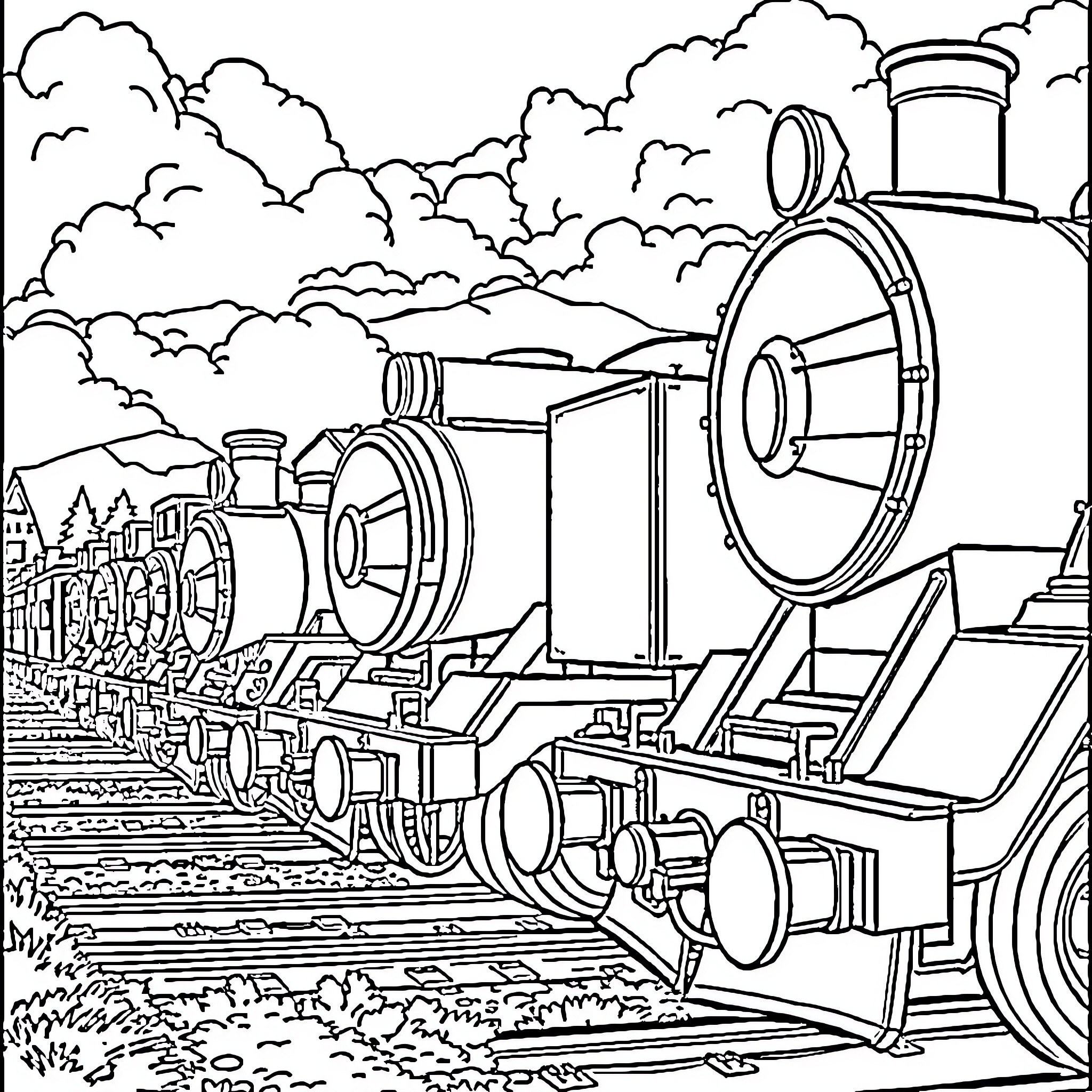 Engine-powered train transporting through scenic landscape Coloring Page (free black-and-white line drawing printable PDF for all, from beginners to advanced learners, including children, teens, adults, and seniors)