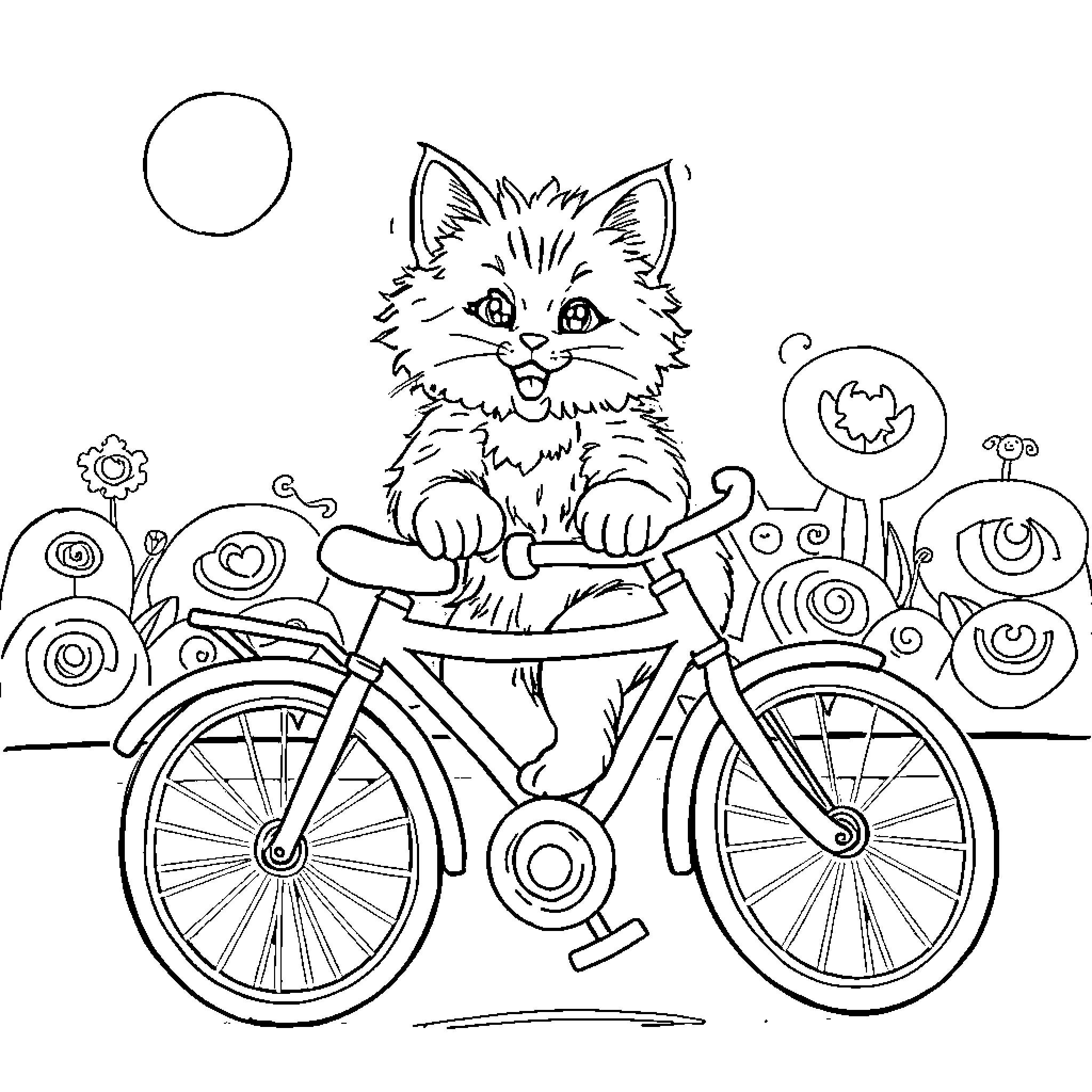 Cat riding a bicycle in a whimsical landscape Coloring Page (free black-and-white line drawing printable PDF for all, from beginners to advanced learners, including children, teens, adults, and seniors)
