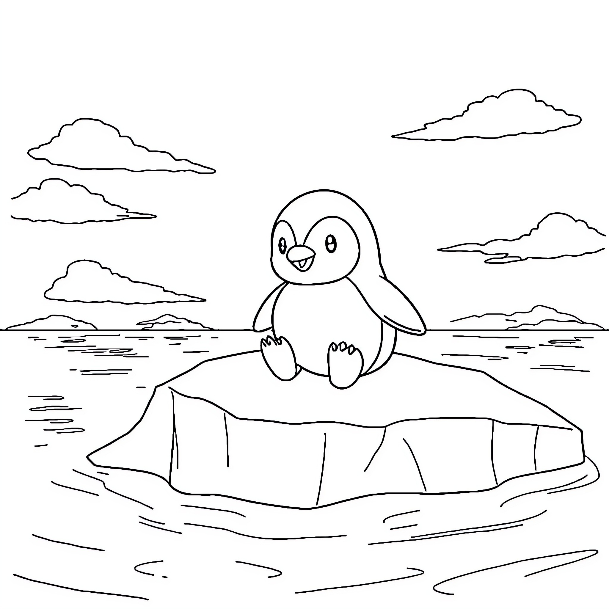 Piplup sitting cheerfully on an iceberg Coloring Page (free black-and-white line drawing printable PDF for all, from beginners to advanced learners, including children, teens, adults, and seniors)