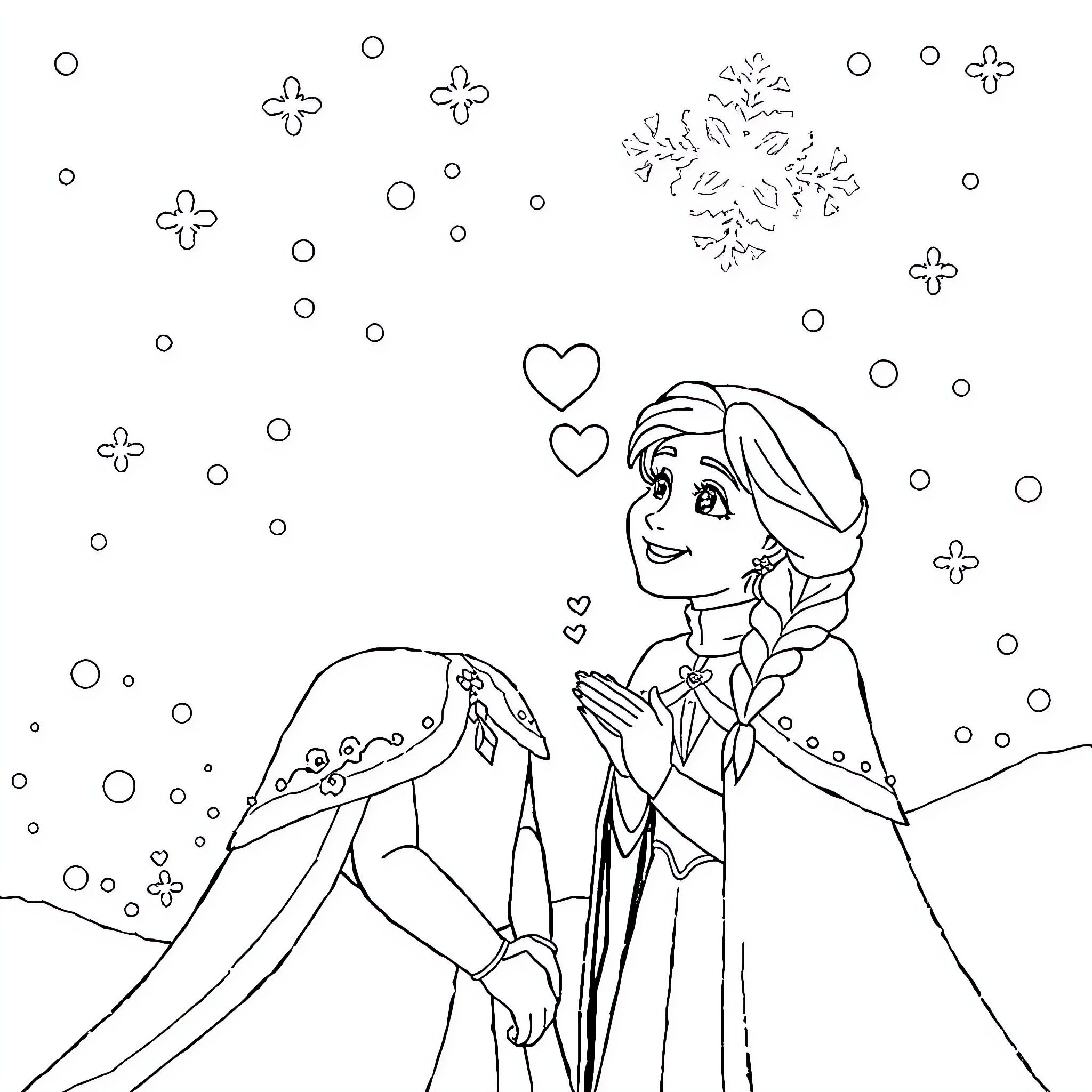 Queen standing amidst snowflakes and hearts Coloring Page (free black-and-white line drawing printable PDF for all, from beginners to advanced learners, including children, teens, adults, and seniors)