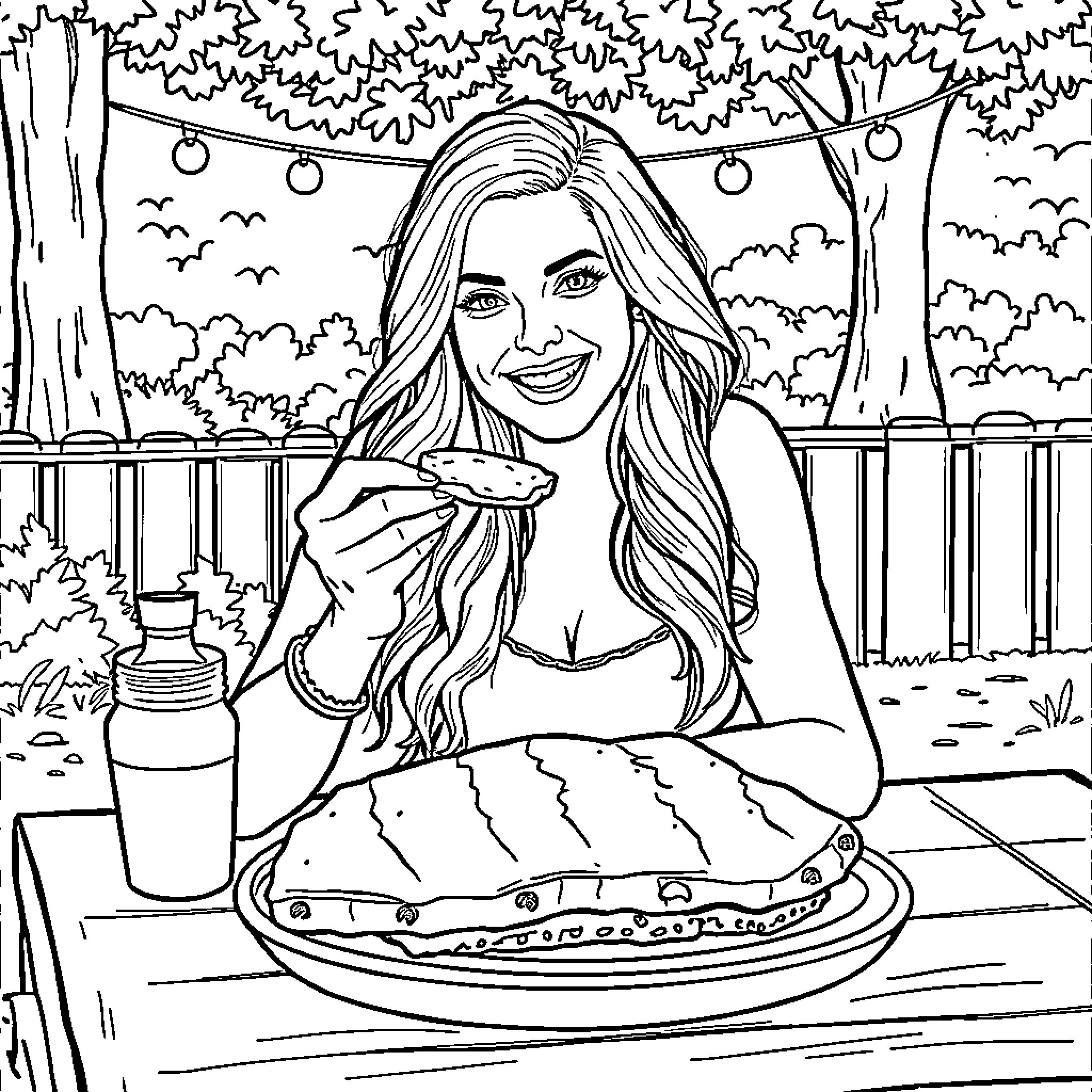Brittany Spears enjoying a picnic in the park Coloring Page (free black-and-white line drawing printable PDF for all, from beginners to advanced learners, including children, teens, adults, and seniors)
