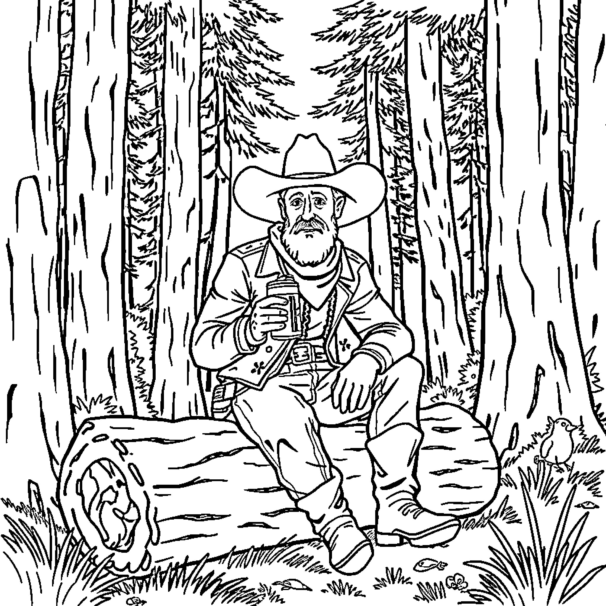 Cowboy sitting peacefully in the forest Coloring Page (free black-and-white line drawing printable PDF for all, from beginners to advanced learners, including children, teens, adults, and seniors)