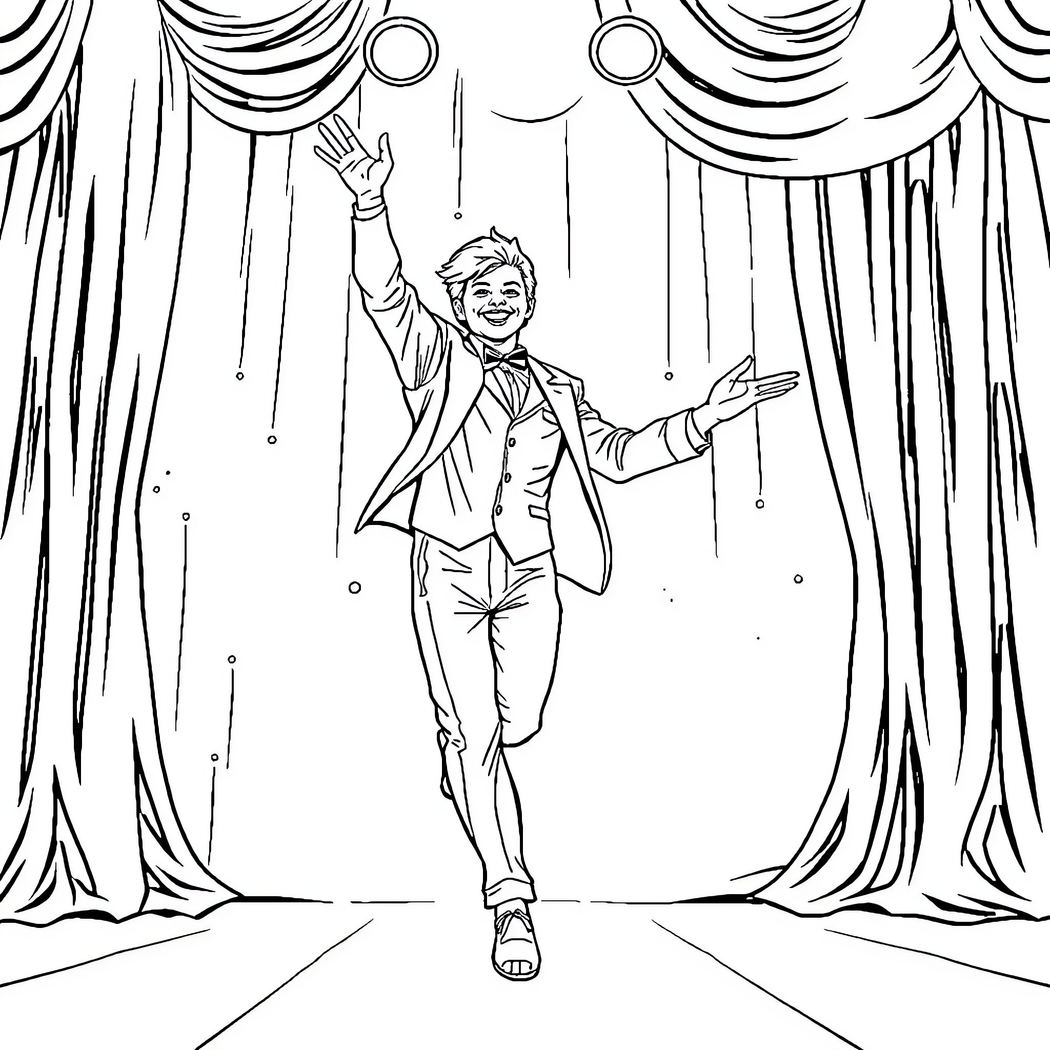 Jannik Sinner performing on stage with theatrical gestures Coloring Page (free black-and-white line drawing printable PDF for all, from beginners to advanced learners, including children, teens, adults, and seniors)