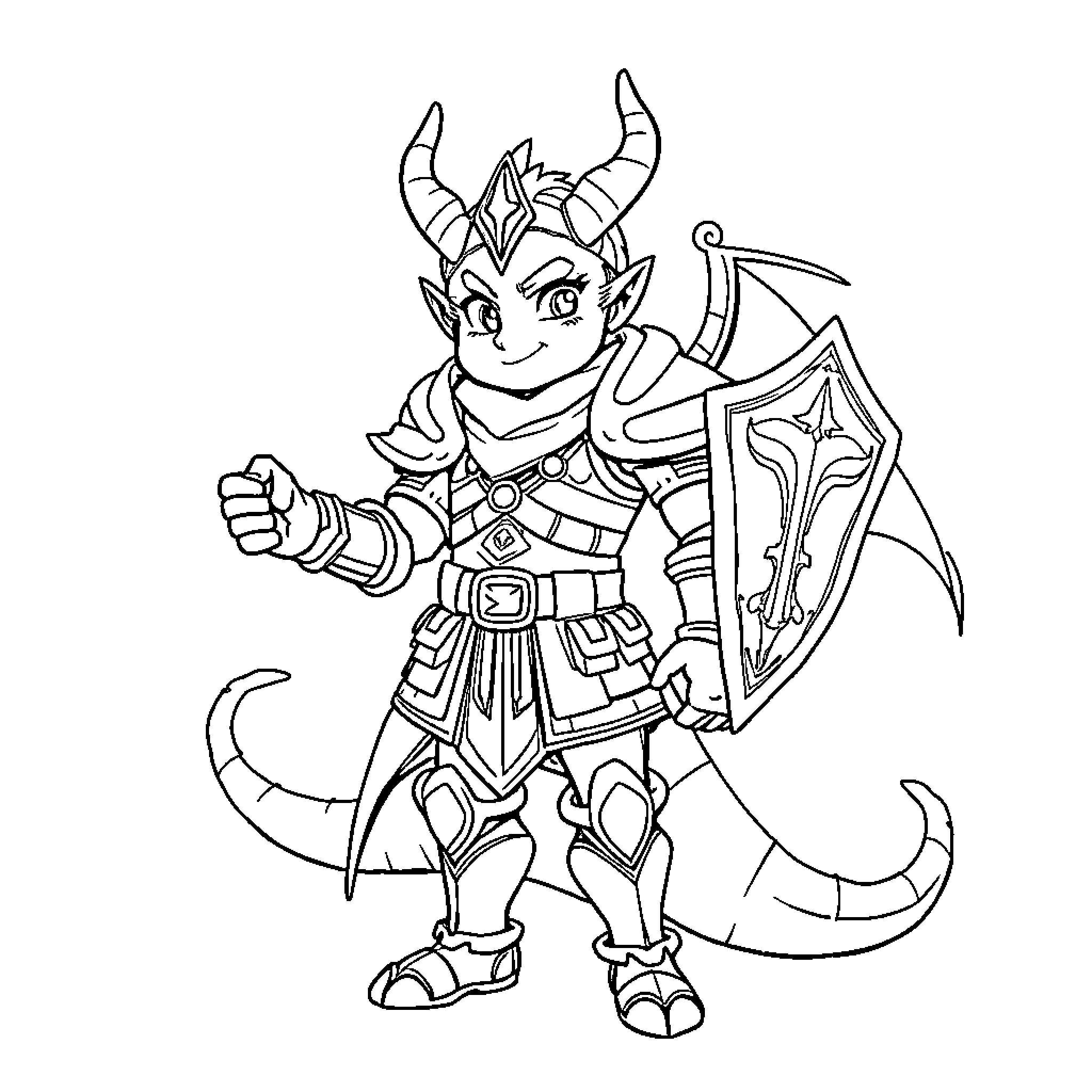 Dragon knight in heroic battle stance Coloring Page (free black-and-white line drawing printable PDF for all, from beginners to advanced learners, including children, teens, adults, and seniors)