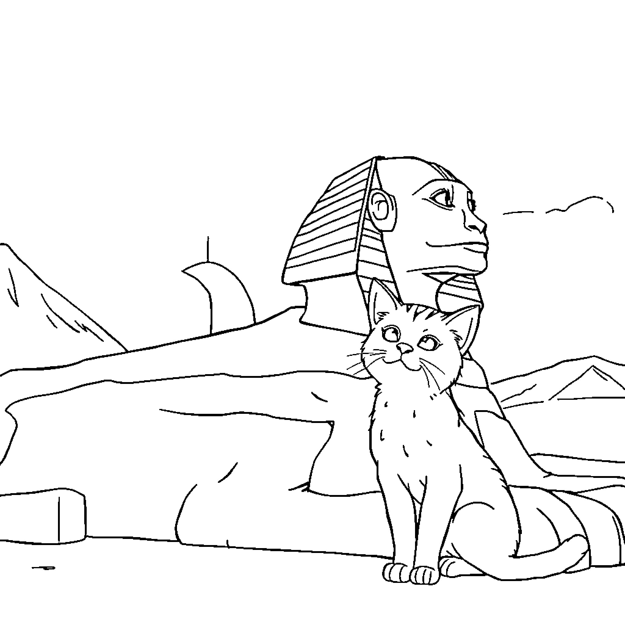 Cat exploring ancient Egyptian landmarks Coloring Page (free black-and-white line drawing printable PDF for all, from beginners to advanced learners, including children, teens, adults, and seniors)