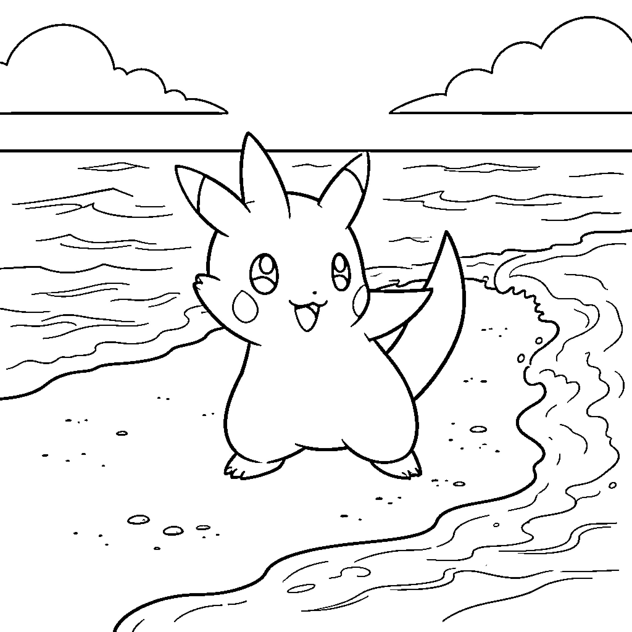 Pokémon standing happily on a sunny beach Coloring Page (free black-and-white line drawing printable PDF for all, from beginners to advanced learners, including children, teens, adults, and seniors)