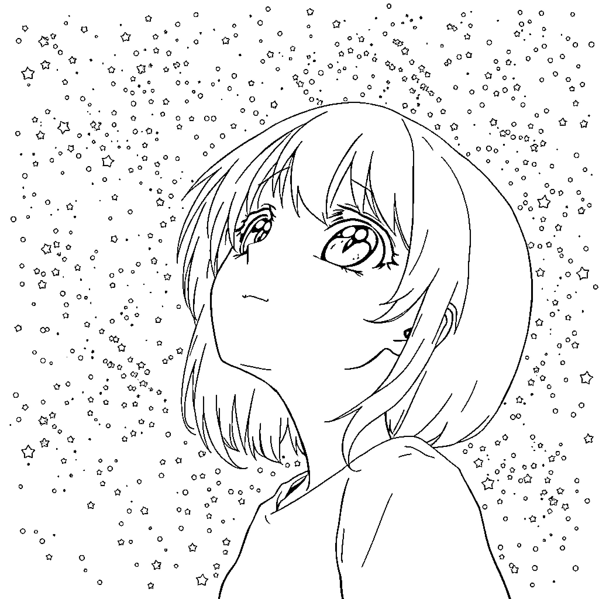 Anime Girl looking through the starry night sky Coloring Page (free black-and-white line drawing printable PDF for all, from beginners to advanced learners, including children, teens, adults, and seniors)