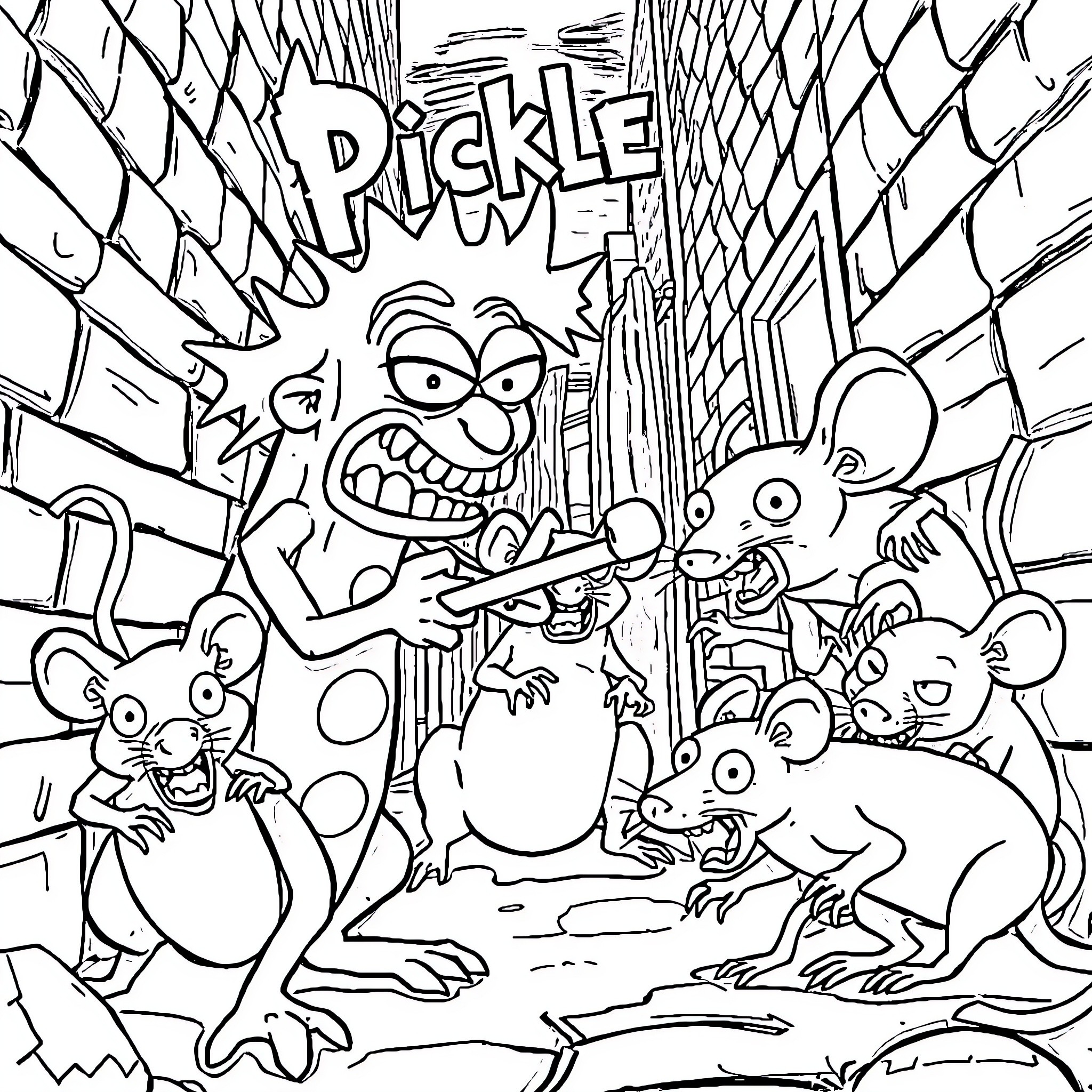 Pickle Rick and His Rodent Companions in Action Coloring Page (free black-and-white line drawing printable PDF for all, from beginners to advanced learners, including children, teens, adults, and seniors)