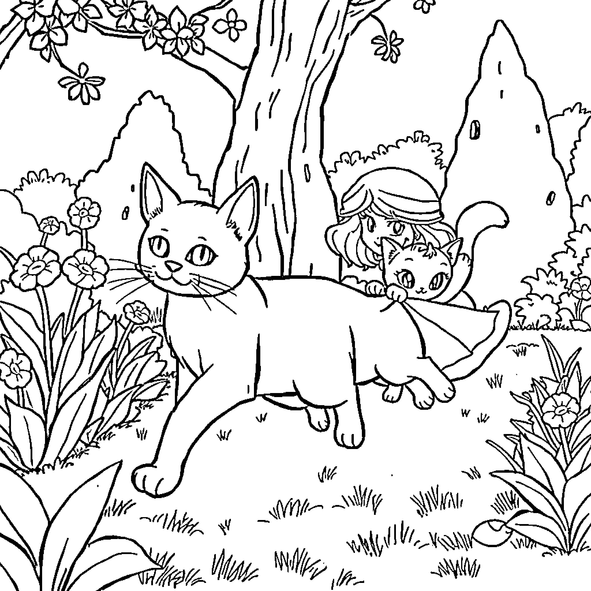 Cat exploring enchanted forest with friends Coloring Page (free black-and-white line drawing printable PDF for all, from beginners to advanced learners, including children, teens, adults, and seniors)