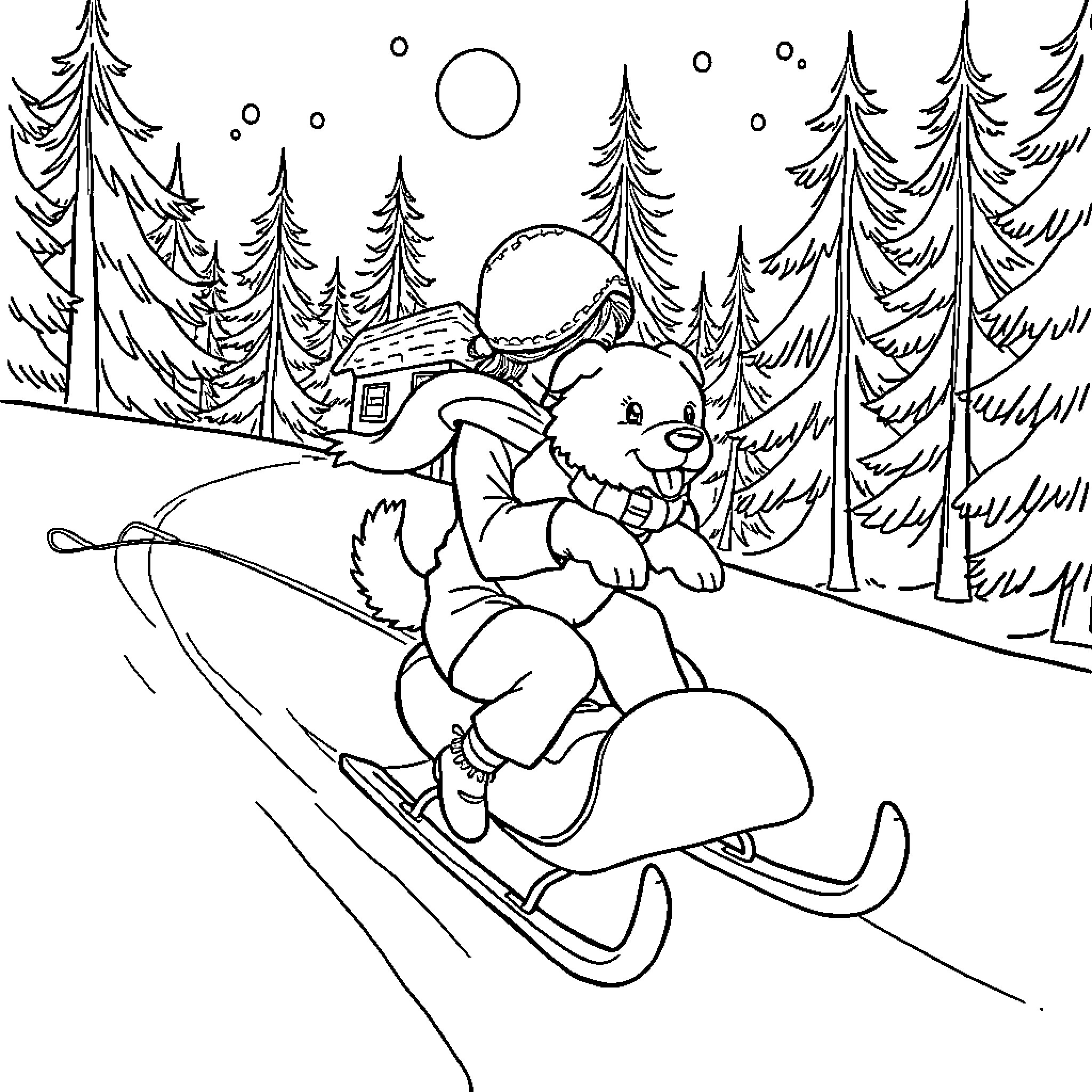 Girl sledding down a snowy hill Coloring Page (free black-and-white line drawing printable PDF for all, from beginners to advanced learners, including children, teens, adults, and seniors)