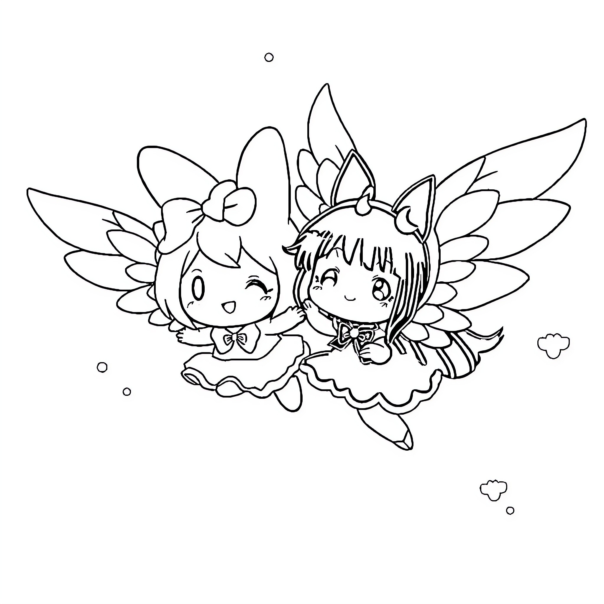 My Melody Winged Fairy Friends in Flight Coloring Page (free black-and-white line drawing printable PDF for all, from beginners to advanced learners, including children, teens, adults, and seniors)