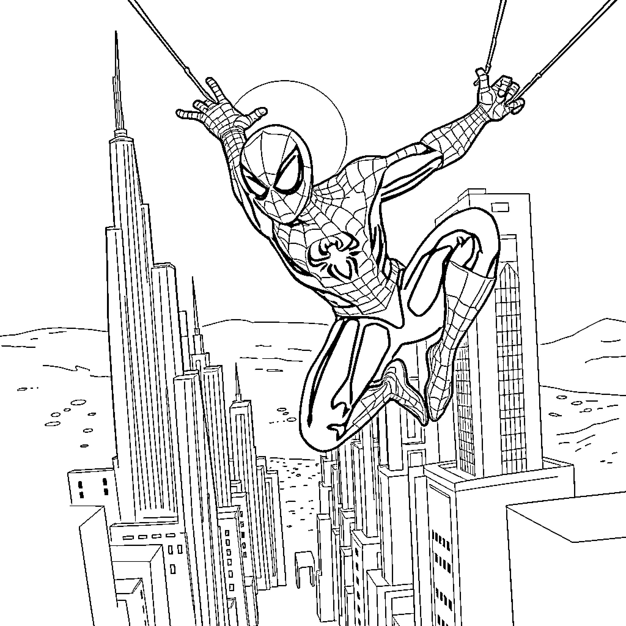 Spiderman swinging through the city skyline Coloring Page (free black-and-white line drawing printable PDF for all, from beginners to advanced learners, including children, teens, adults, and seniors)