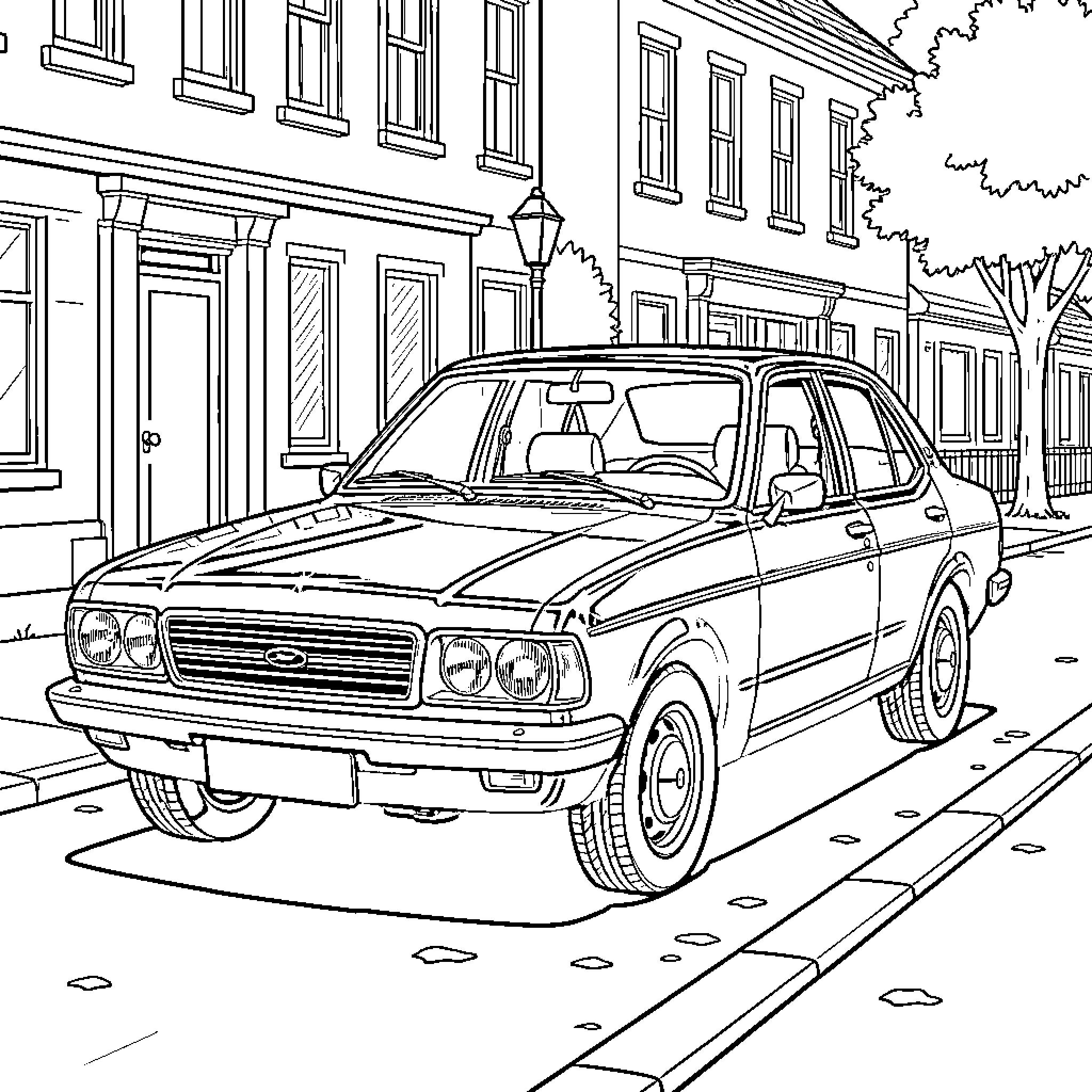 Ford Cortina parked on a city street Coloring Page (free black-and-white line drawing printable PDF for all, from beginners to advanced learners, including children, teens, adults, and seniors)