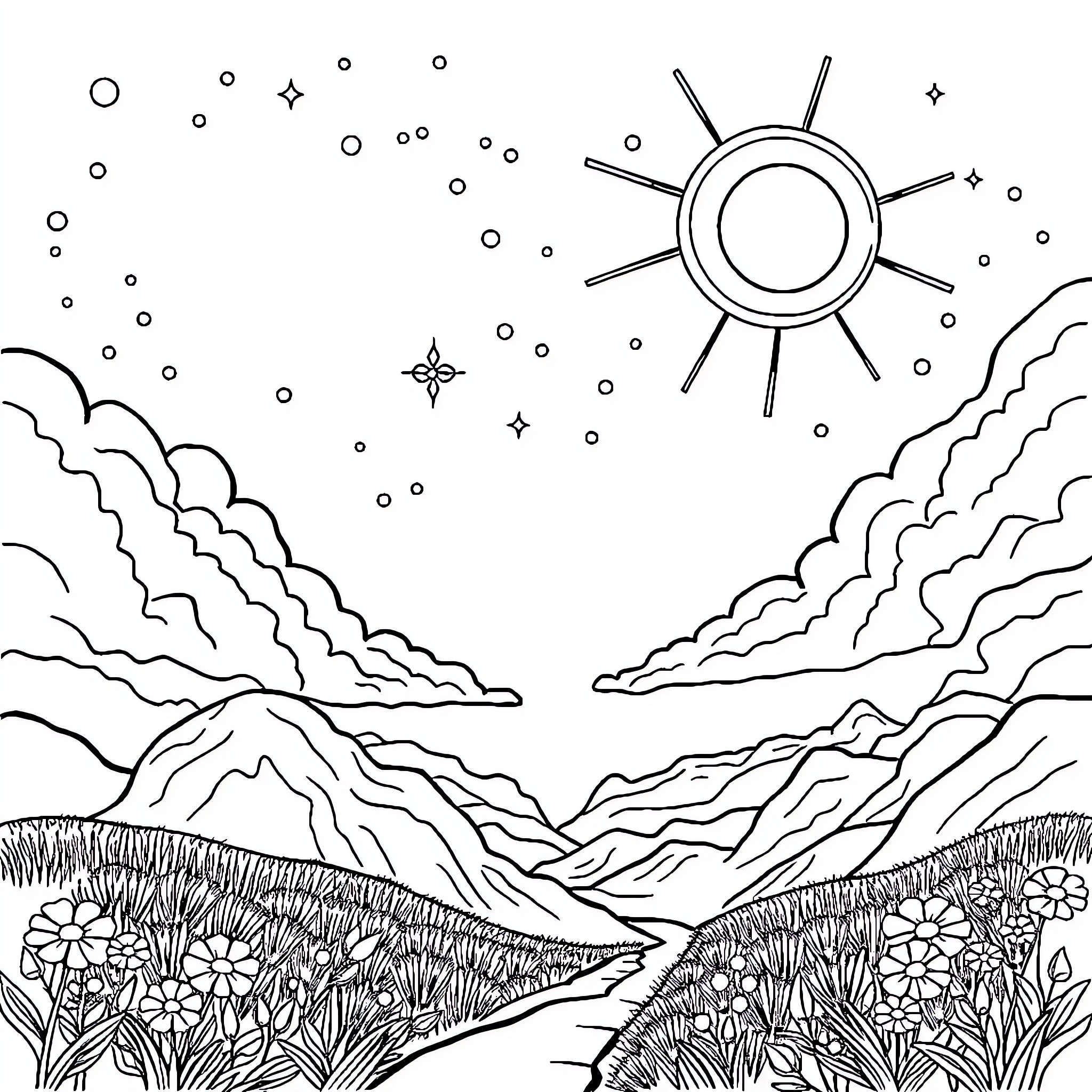 Outlook of a Serene Mountain Landscape Coloring Page (free black-and-white line drawing printable PDF for all, from beginners to advanced learners, including children, teens, adults, and seniors)