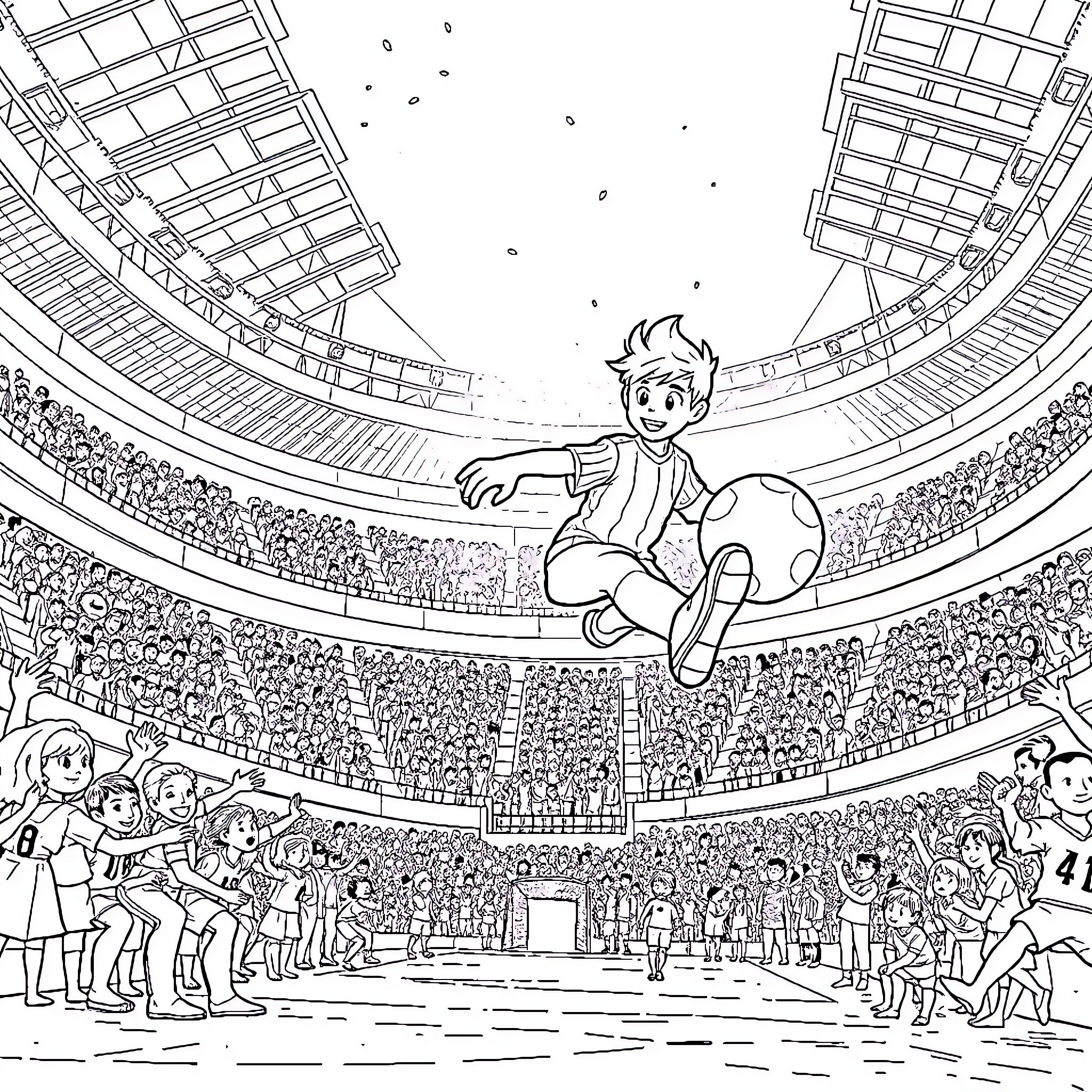 Boy playing soccer in a crowded stadium Coloring Page (free black-and-white line drawing printable PDF for all, from beginners to advanced learners, including children, teens, adults, and seniors)