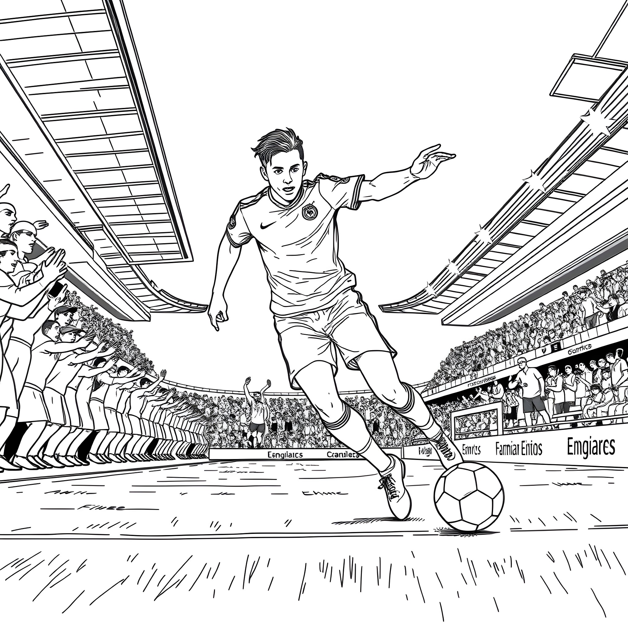 Bruno Fernandes leading an attack on the soccer field Coloring Page (free black-and-white line drawing printable PDF for all, from beginners to advanced learners, including children, teens, adults, and seniors)