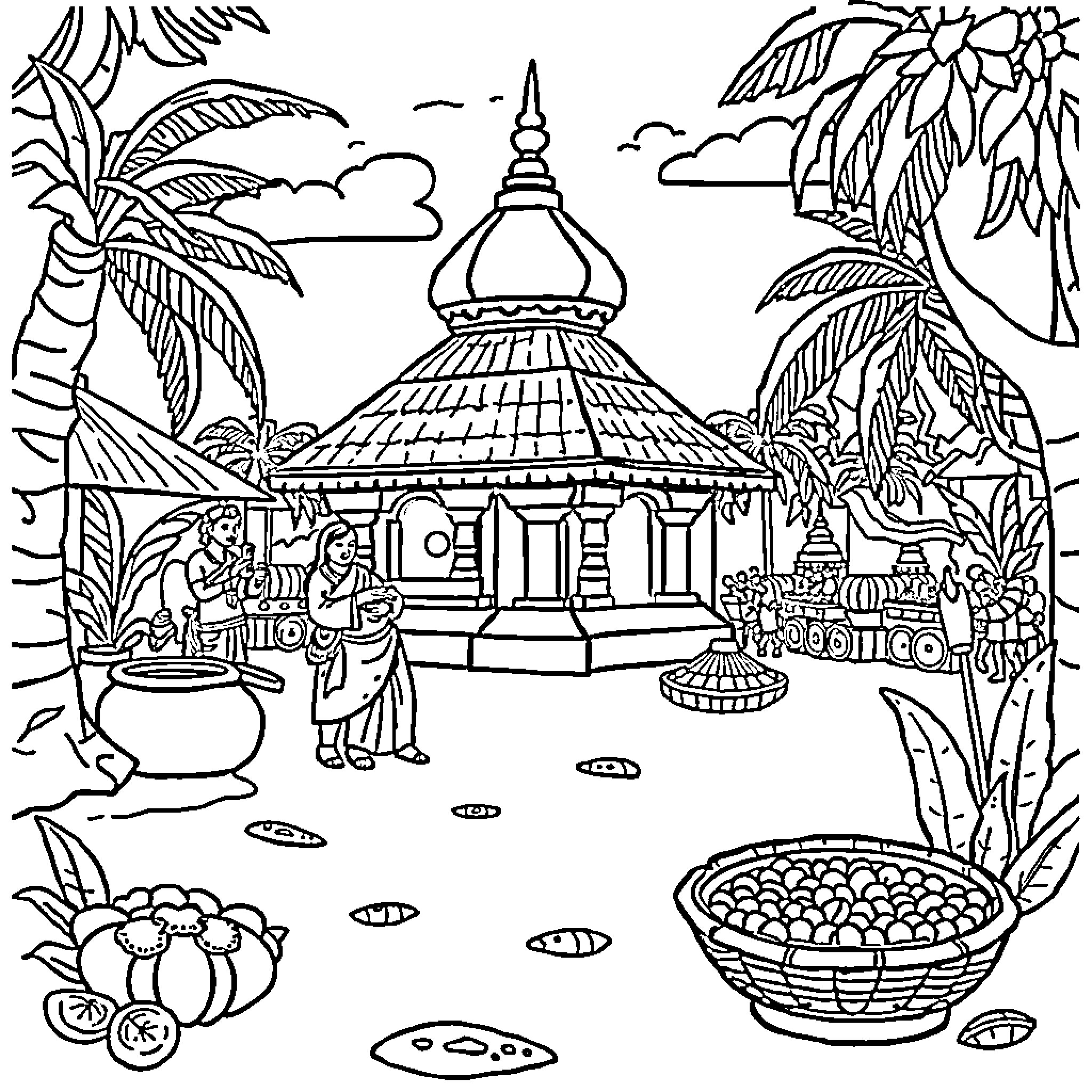 Tamilnadu scenic temple landscape with people Coloring Page (free black-and-white line drawing printable PDF for all, from beginners to advanced learners, including children, teens, adults, and seniors)