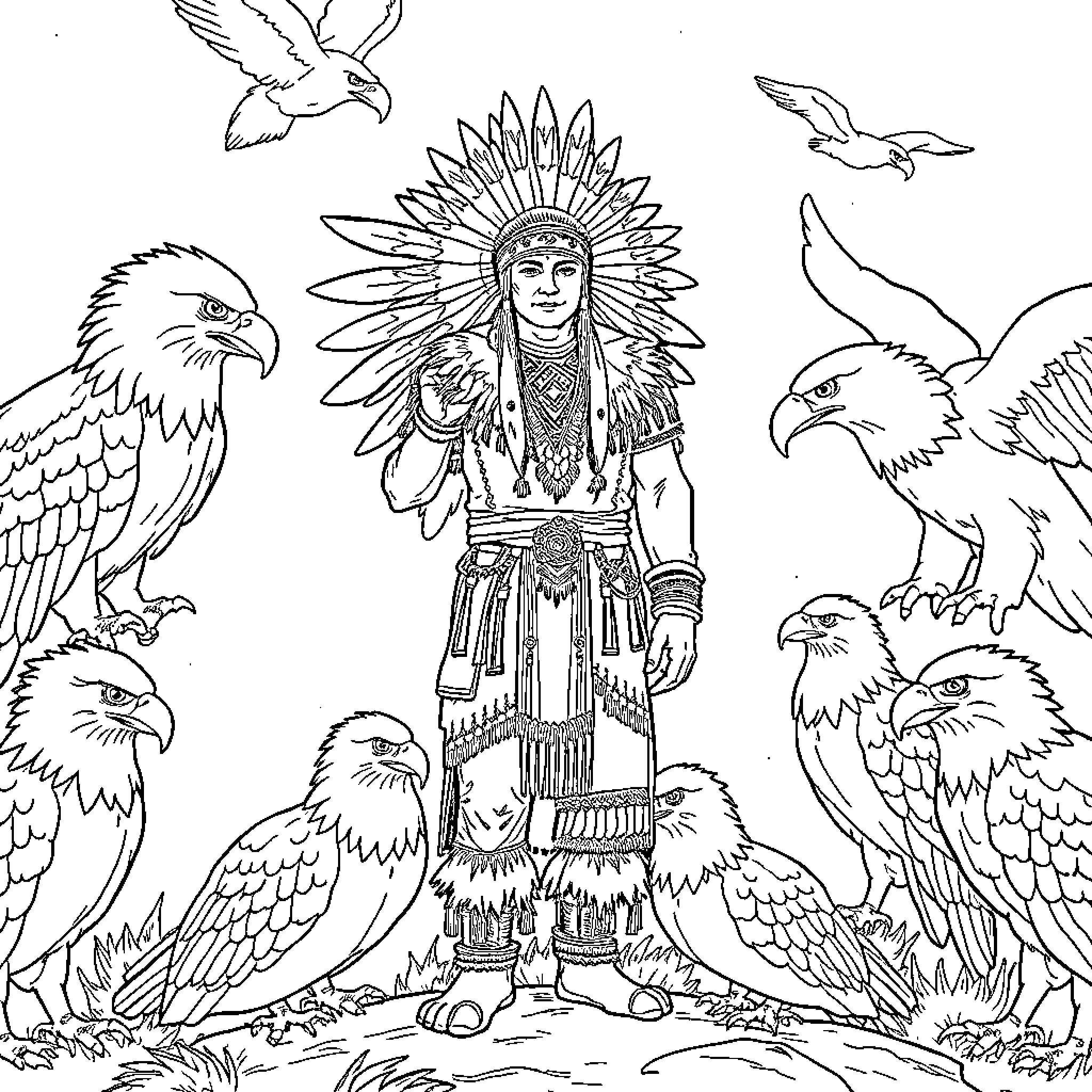 Eagle Native American Warrior in Ceremonial Attire Coloring Page (free black-and-white line drawing printable PDF for all, from beginners to advanced learners, including children, teens, adults, and seniors)