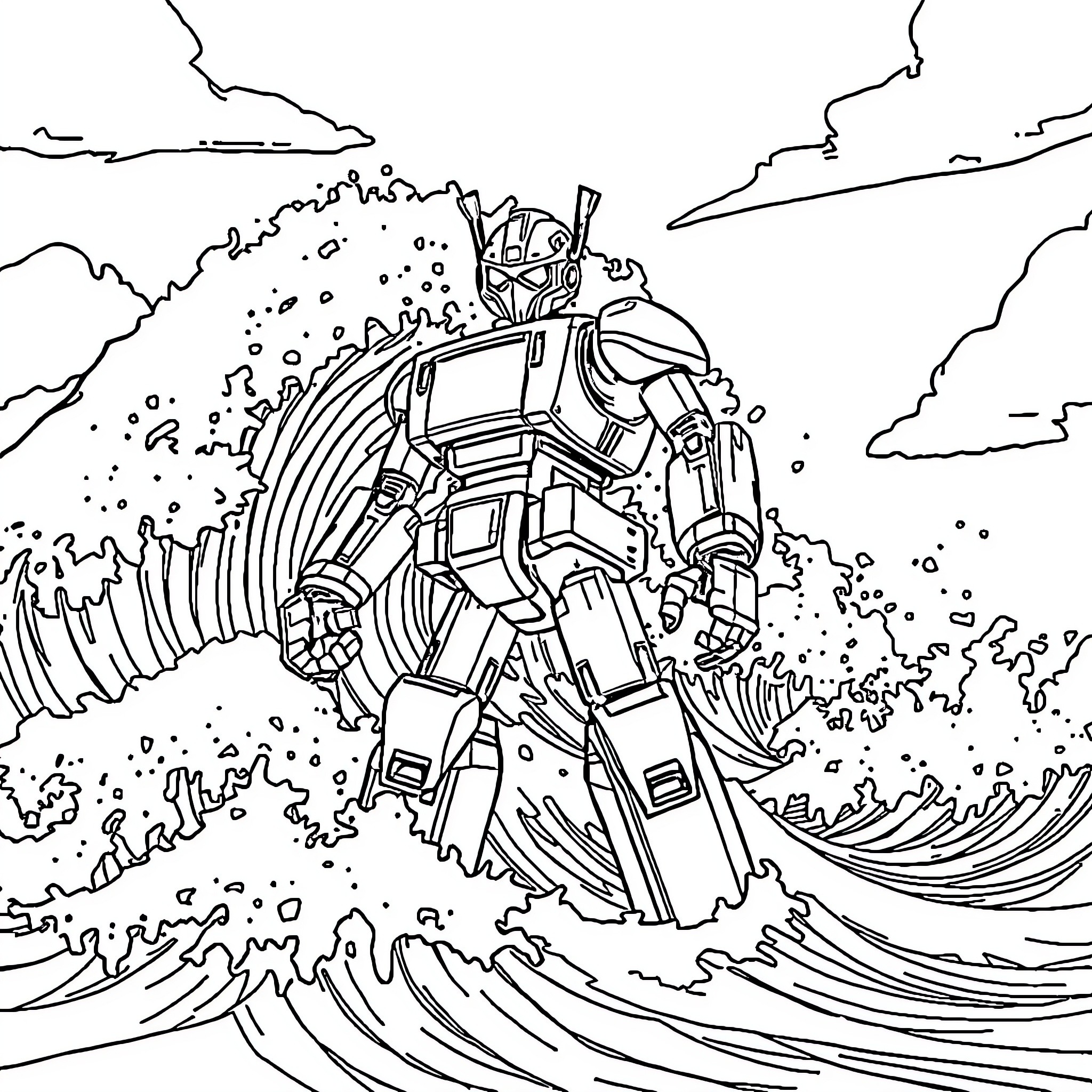 Robot Warrior Surfing Epic Wave Coloring Page (free black-and-white line drawing printable PDF for all, from beginners to advanced learners, including children, teens, adults, and seniors)