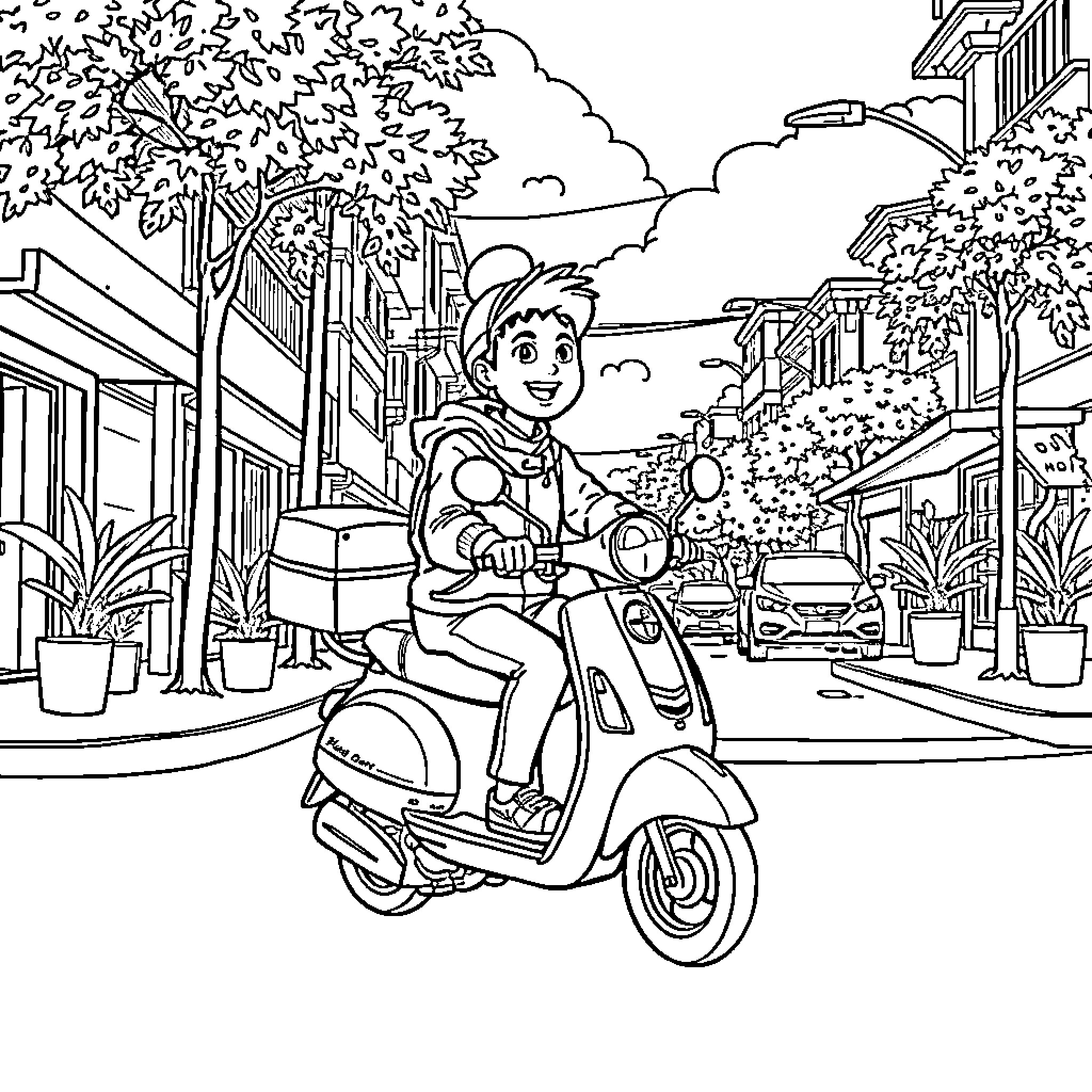 Scooter rider enjoying the urban scenery Coloring Page (free black-and-white line drawing printable PDF for all, from beginners to advanced learners, including children, teens, adults, and seniors)