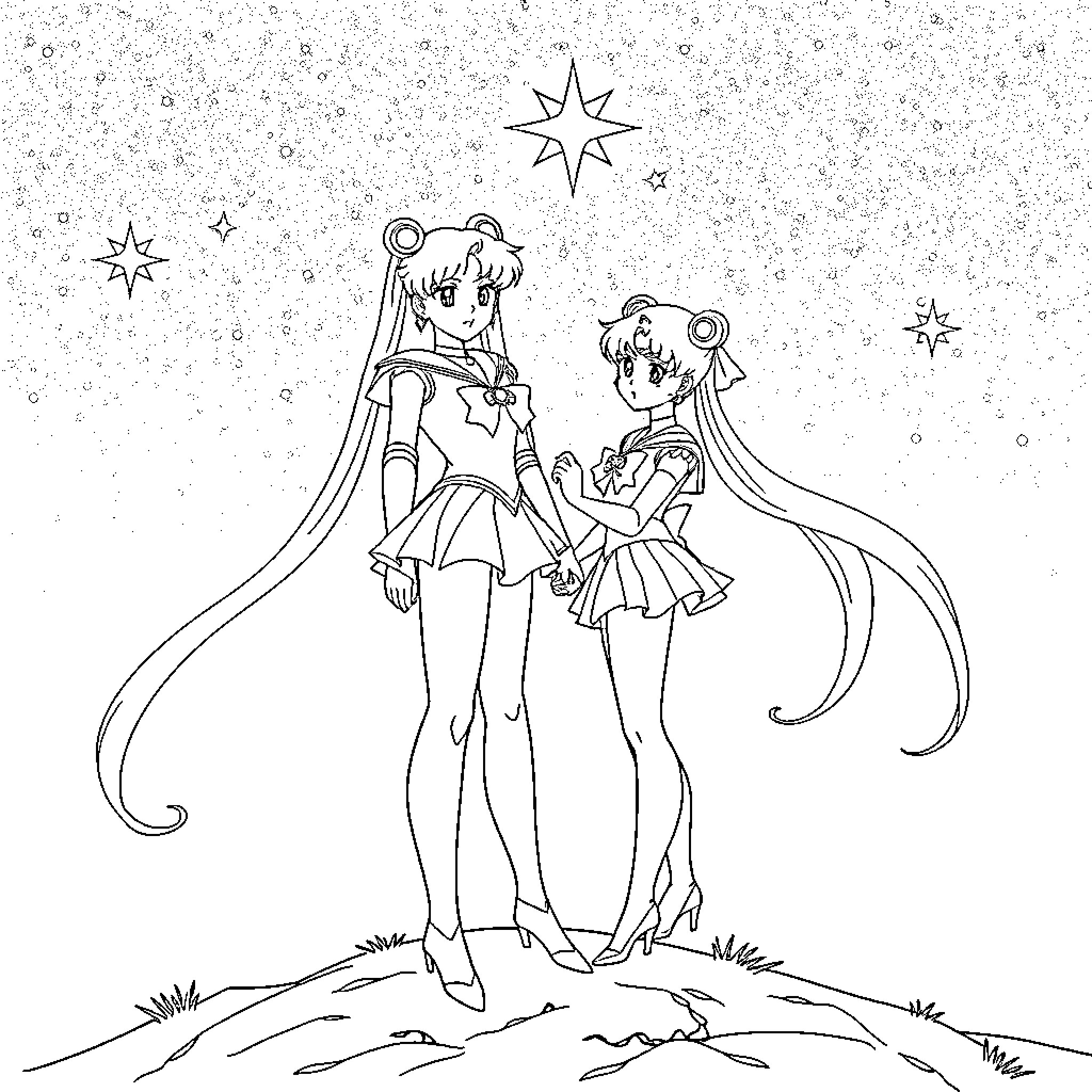 Sailor Moon characters in magical scene with stars Coloring Page (free black-and-white line drawing printable PDF for all, from beginners to advanced learners, including children, teens, adults, and seniors)
