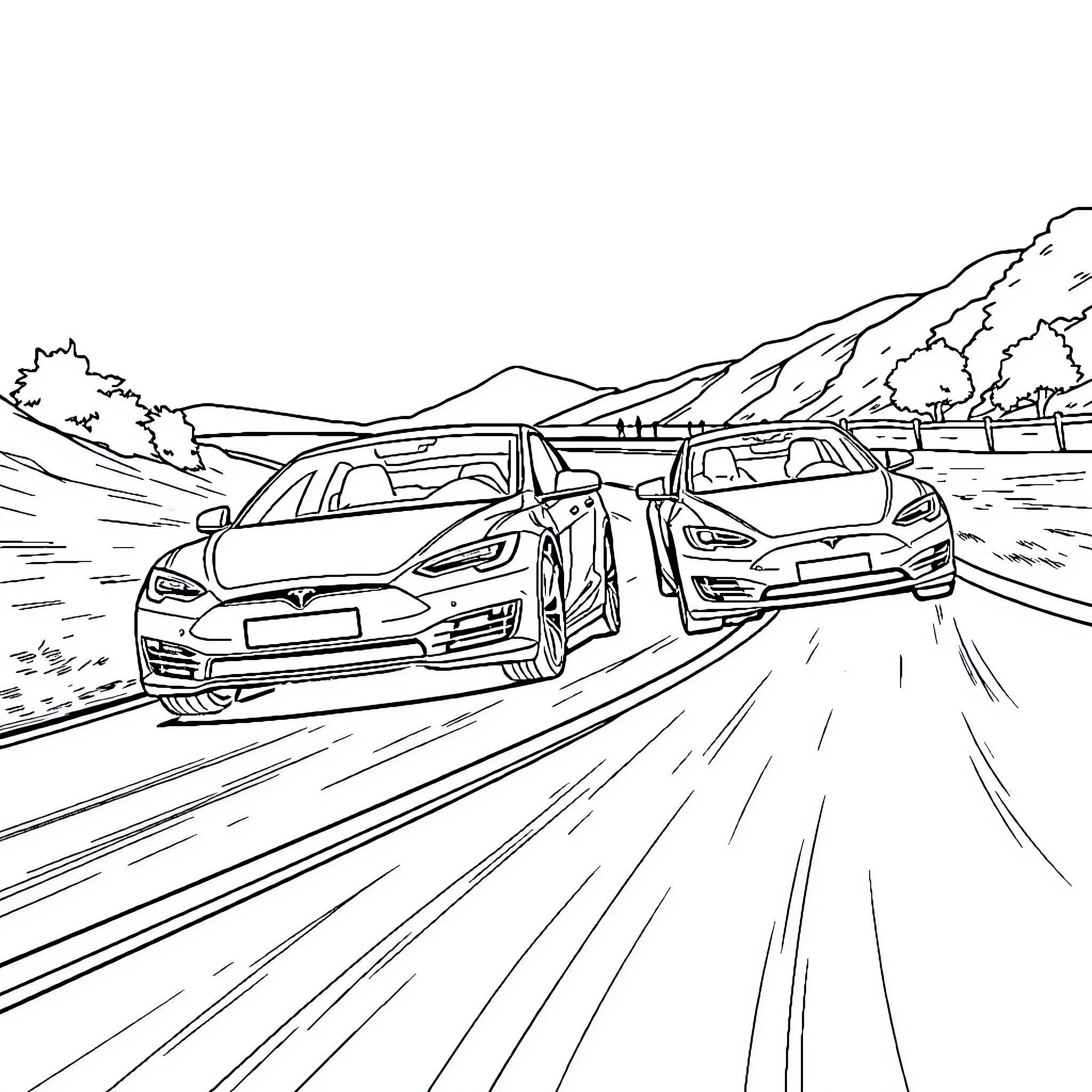 Tesla electric vehicles speeding through scenic landscape Coloring Page (free black-and-white line drawing printable PDF for all, from beginners to advanced learners, including children, teens, adults, and seniors)