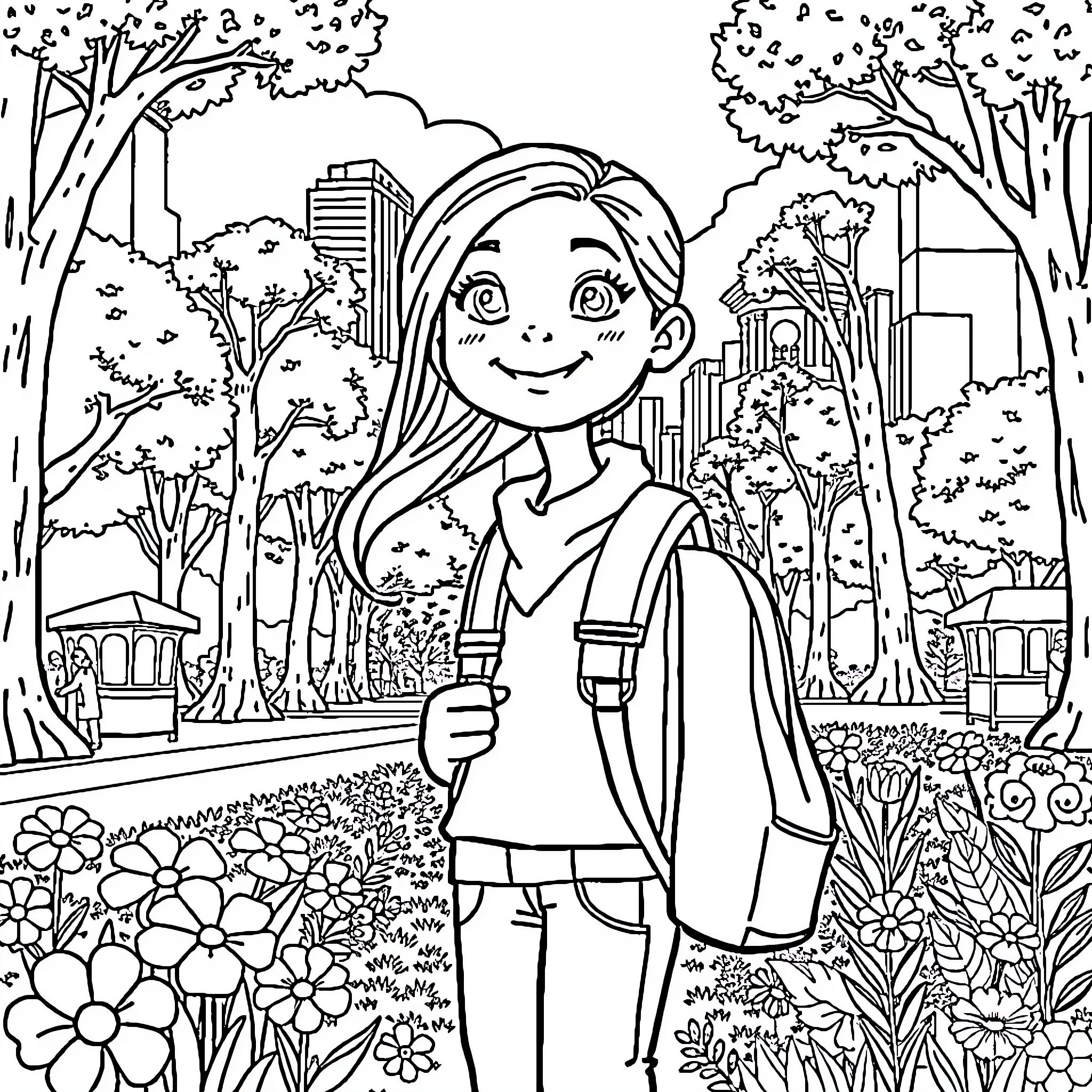 Nana's Cheerful Stroll Through the Enchanted Garden Coloring Page (free black-and-white line drawing printable PDF for all, from beginners to advanced learners, including children, teens, adults, and seniors)