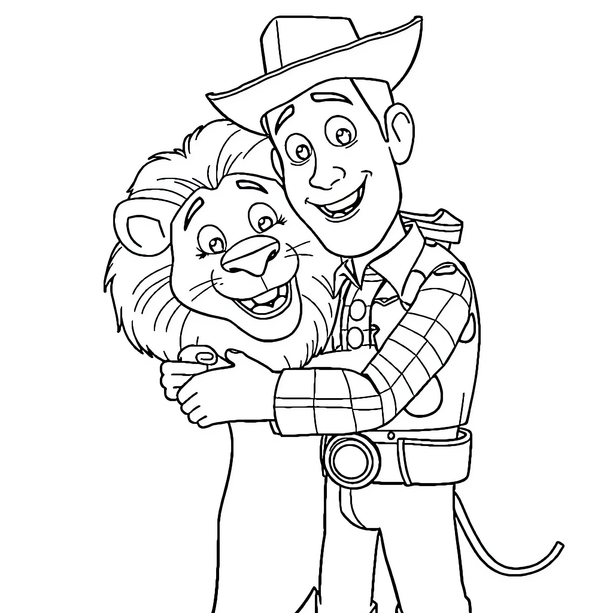 Woody hugging a cheerful lion in cowboy outfit Coloring Page (free black-and-white line drawing printable PDF for all, from beginners to advanced learners, including children, teens, adults, and seniors)