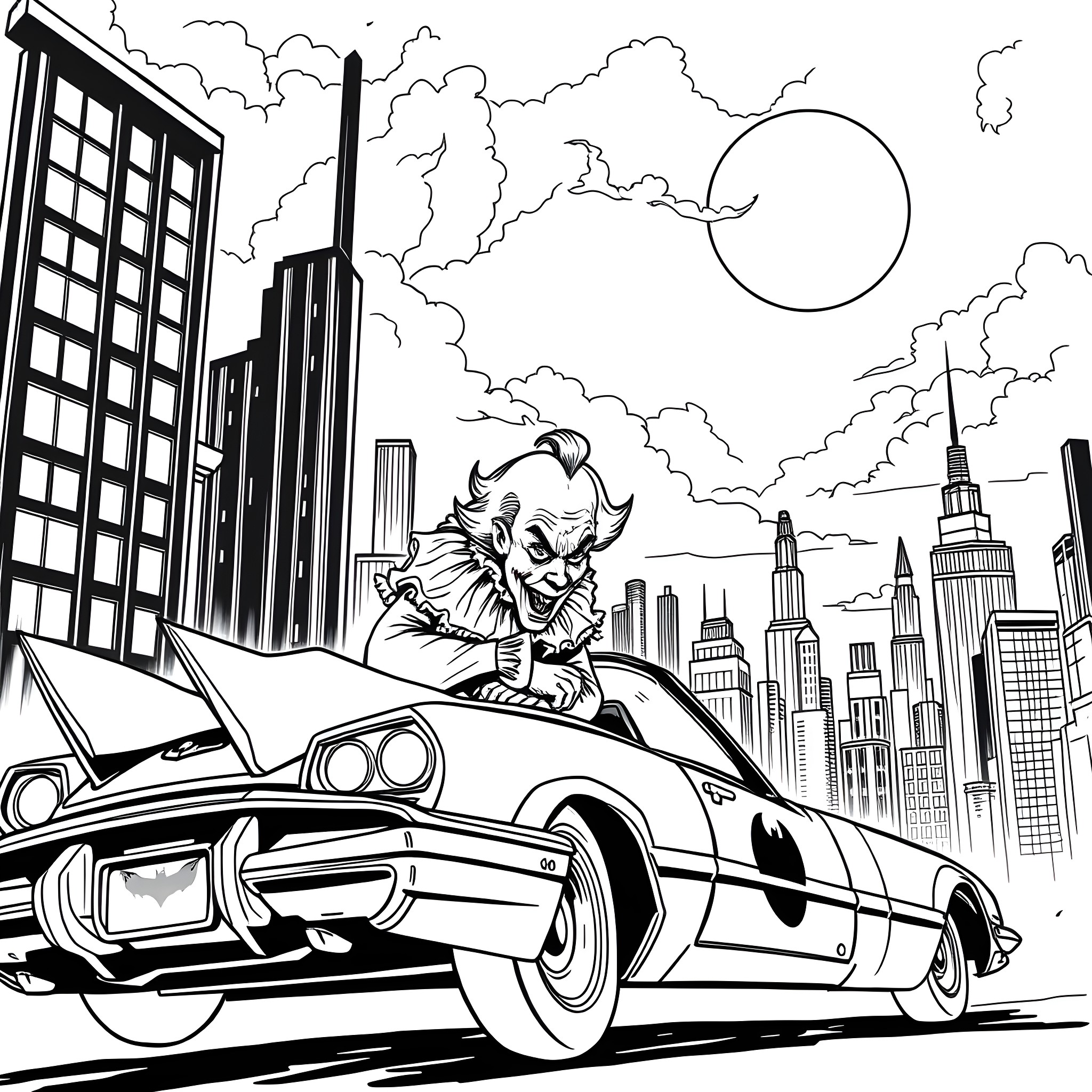 Pennywise's Sinister Joyride through the City Coloring Page (free black-and-white line drawing printable PDF for all, from beginners to advanced learners, including children, teens, adults, and seniors)