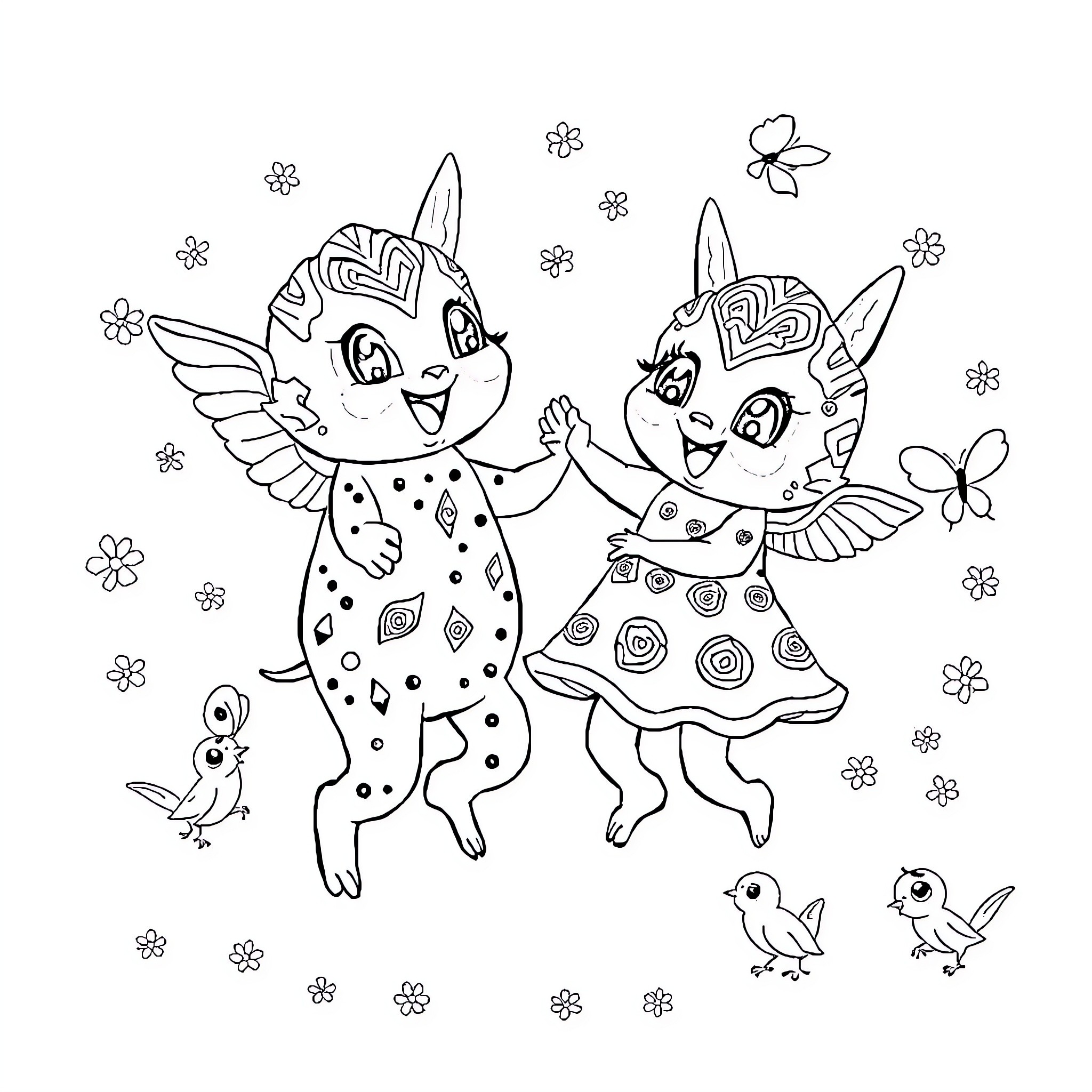 Lalabu Friends Happily Dancing and Frolicking Coloring Page (free black-and-white line drawing printable PDF for all, from beginners to advanced learners, including children, teens, adults, and seniors)