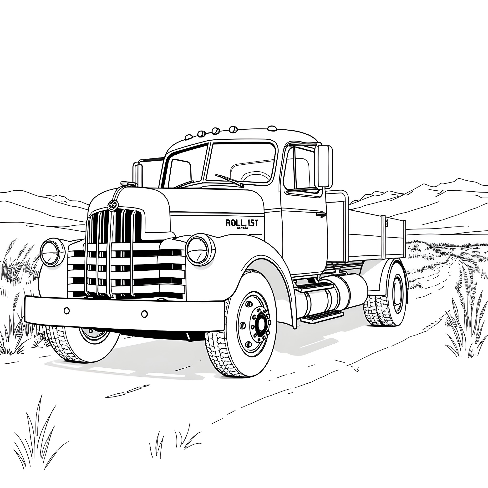 Truck on a rugged road in a rural landscape Coloring Page (free black-and-white line drawing printable PDF for all, from beginners to advanced learners, including children, teens, adults, and seniors)