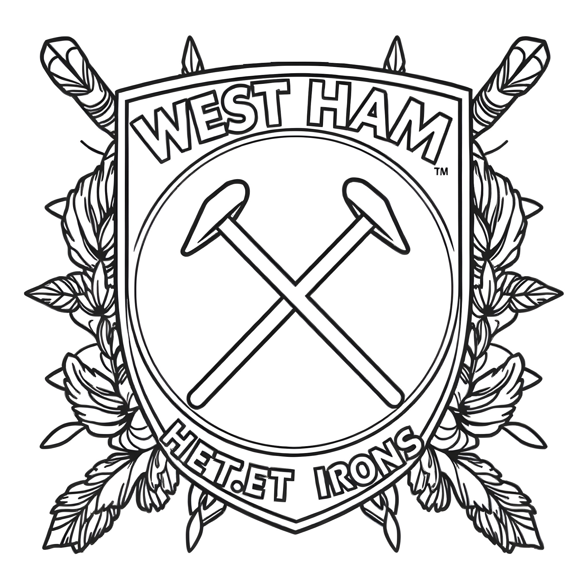 West Ham emblem with crossed hammers and floral wreath Coloring Page (free black-and-white line drawing printable PDF for all, from beginners to advanced learners, including children, teens, adults, and seniors)