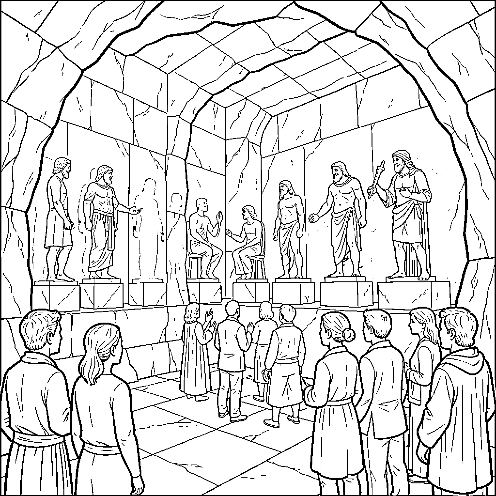 Caverna: Figures and Crowds in an Ancient Hall Coloring Page (free black-and-white line drawing printable PDF for all, from beginners to advanced learners, including children, teens, adults, and seniors)
