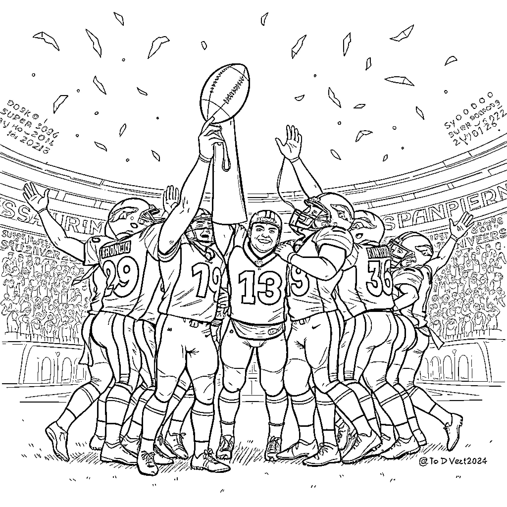 Denver Broncos Celebrating Super Bowl Victory Coloring Page (free black-and-white line drawing printable PDF for all, from beginners to advanced learners, including children, teens, adults, and seniors)