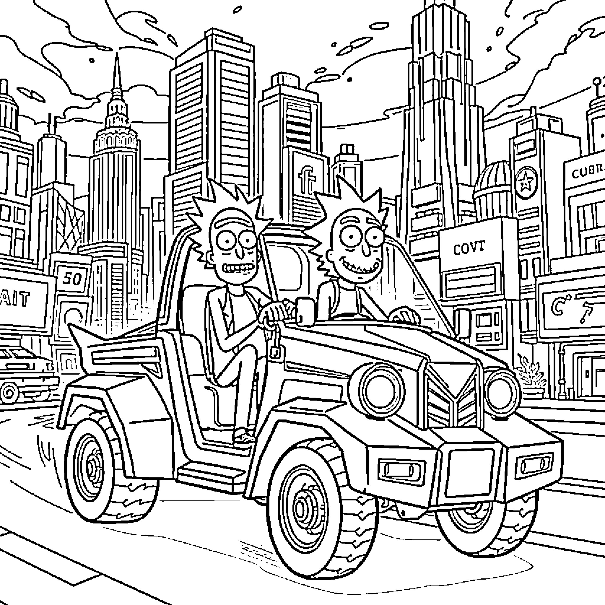 Rick And Morty Adventuring Through the City Coloring Page (free black-and-white line drawing printable PDF for all, from beginners to advanced learners, including children, teens, adults, and seniors)