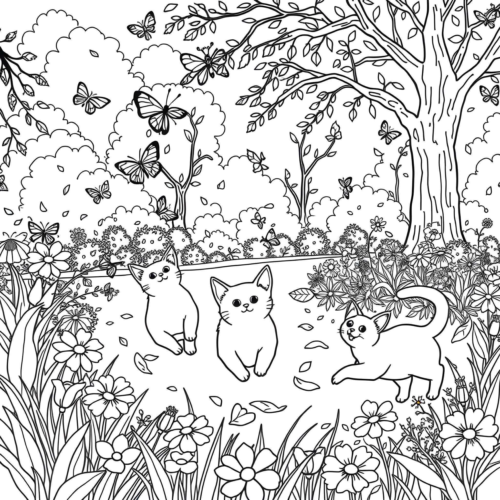 Cats playing in a floral garden with butterflies Coloring Page (free black-and-white line drawing printable PDF for all, from beginners to advanced learners, including children, teens, adults, and seniors)