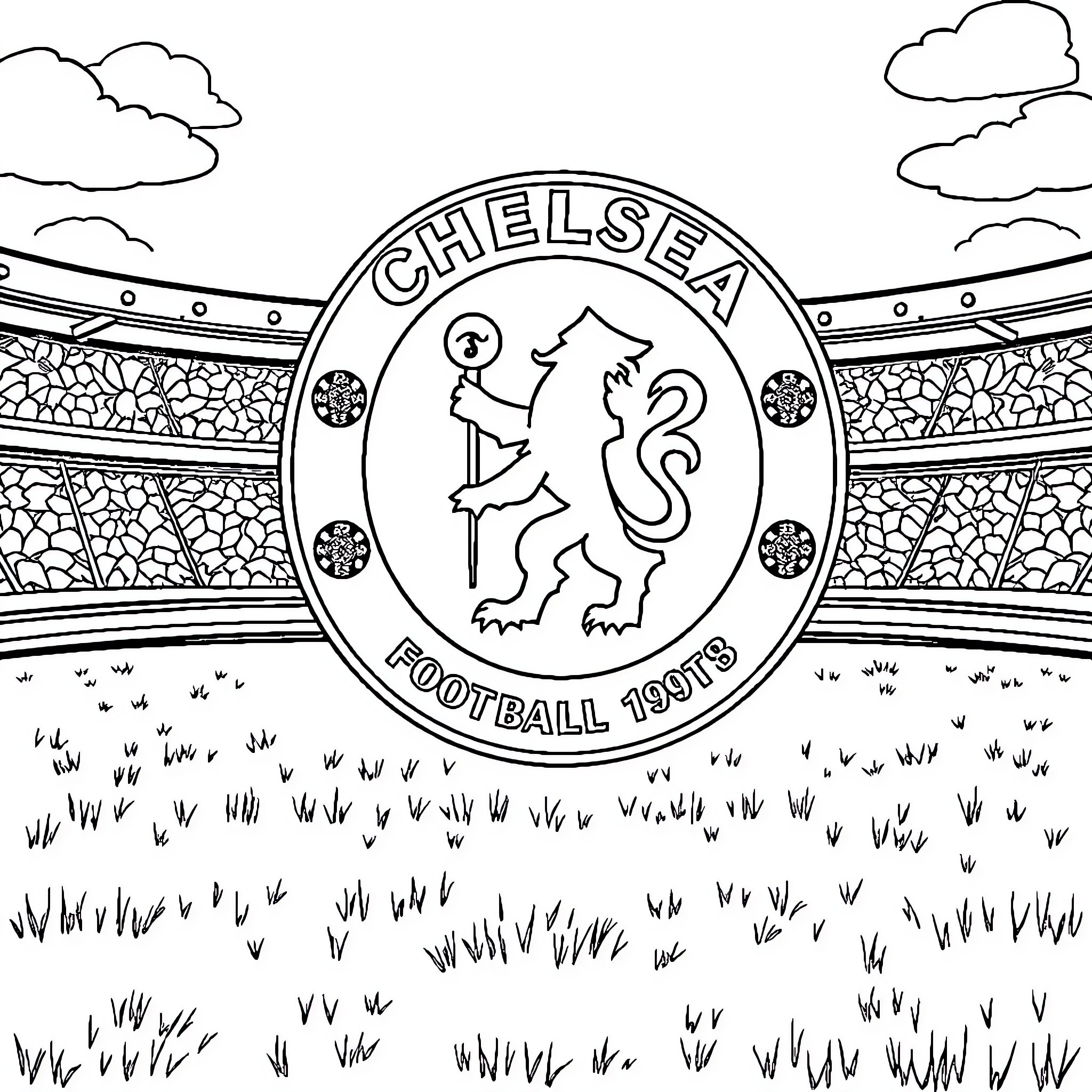 Chelsea Football Stadium Illustration Coloring Page (free black-and-white line drawing printable PDF for all, from beginners to advanced learners, including children, teens, adults, and seniors)