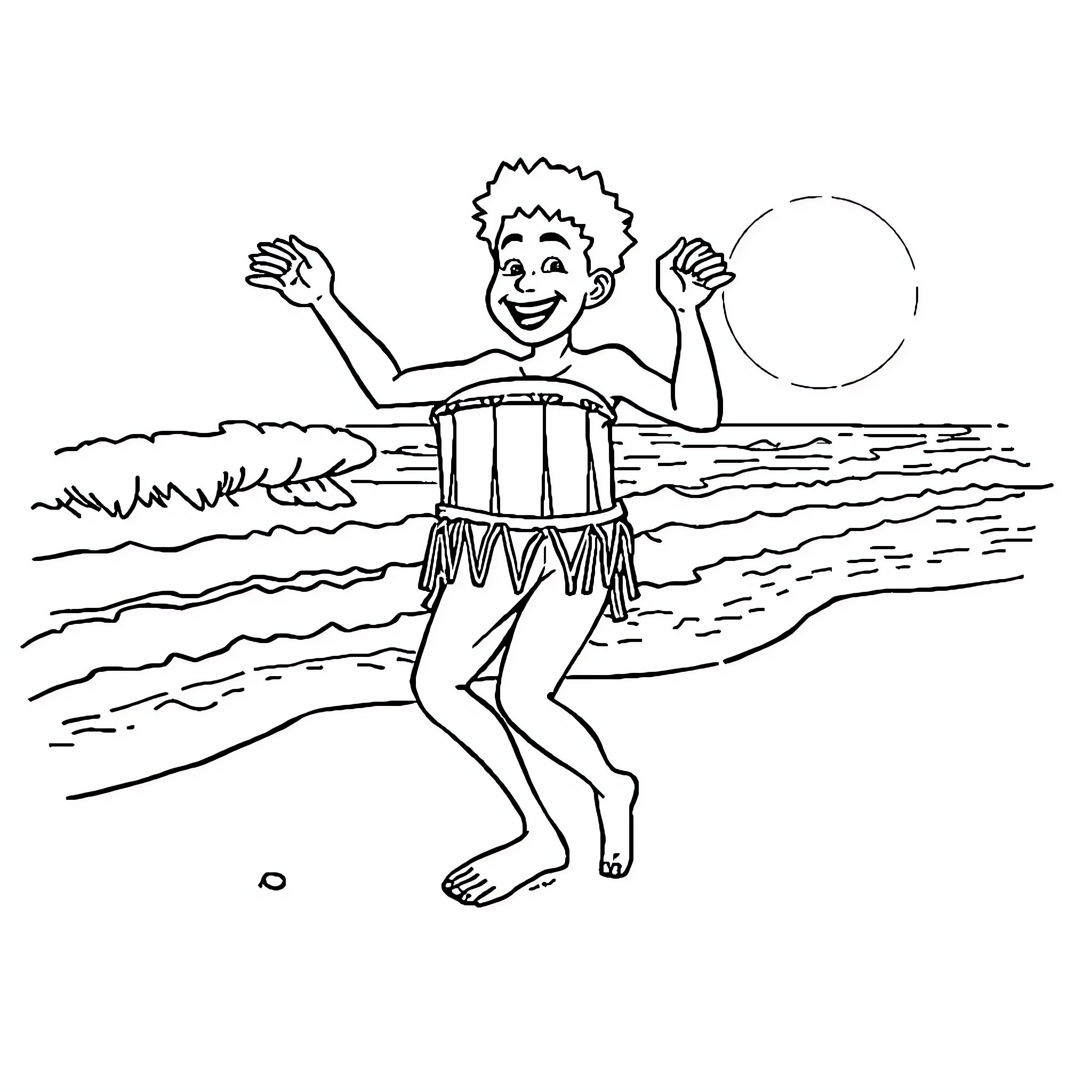 Bumba enjoying water activities at the beach Coloring Page (free black-and-white line drawing printable PDF for all, from beginners to advanced learners, including children, teens, adults, and seniors)