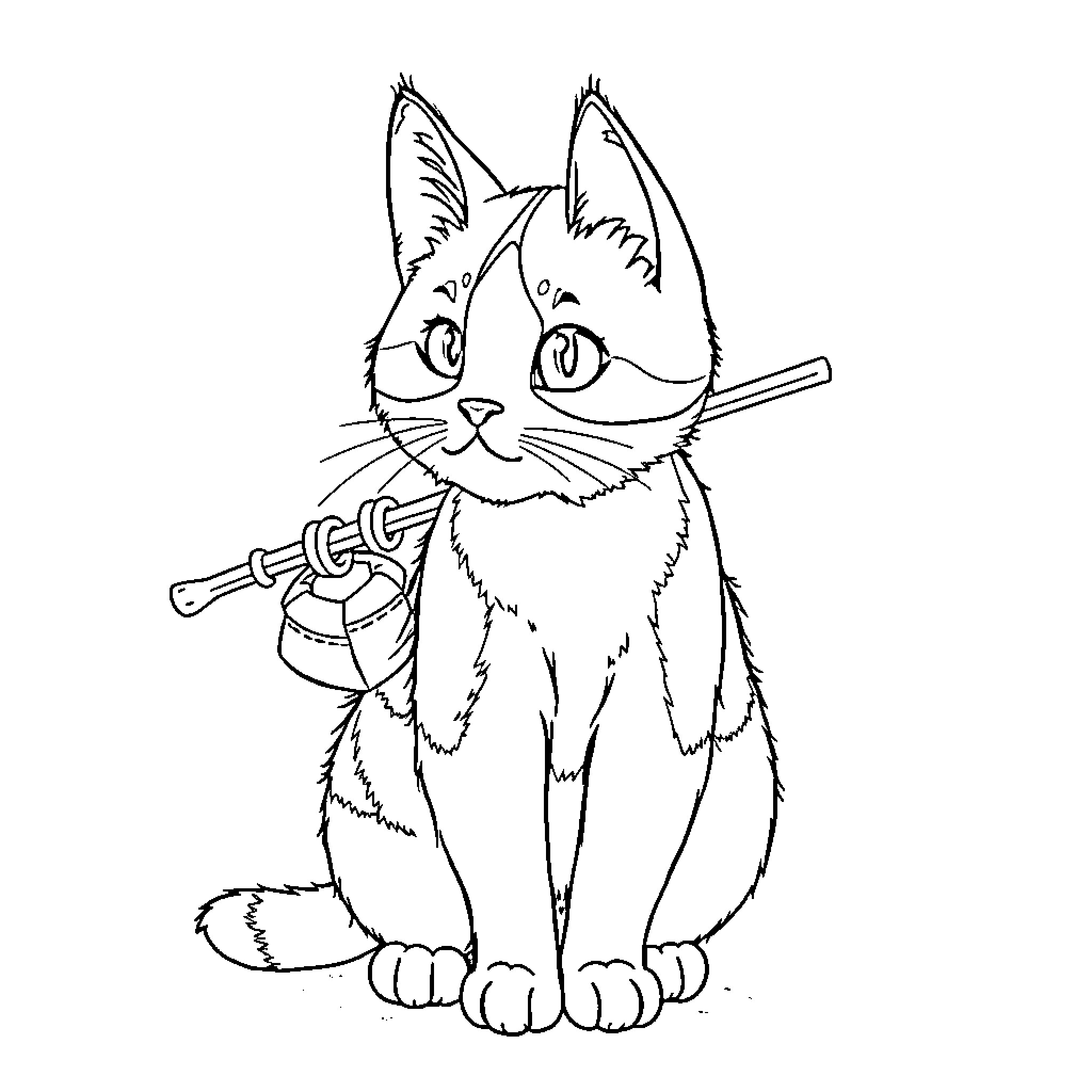 Calico Cat Playing with a Flute Coloring Page (free black-and-white line drawing printable PDF for all, from beginners to advanced learners, including children, teens, adults, and seniors)
