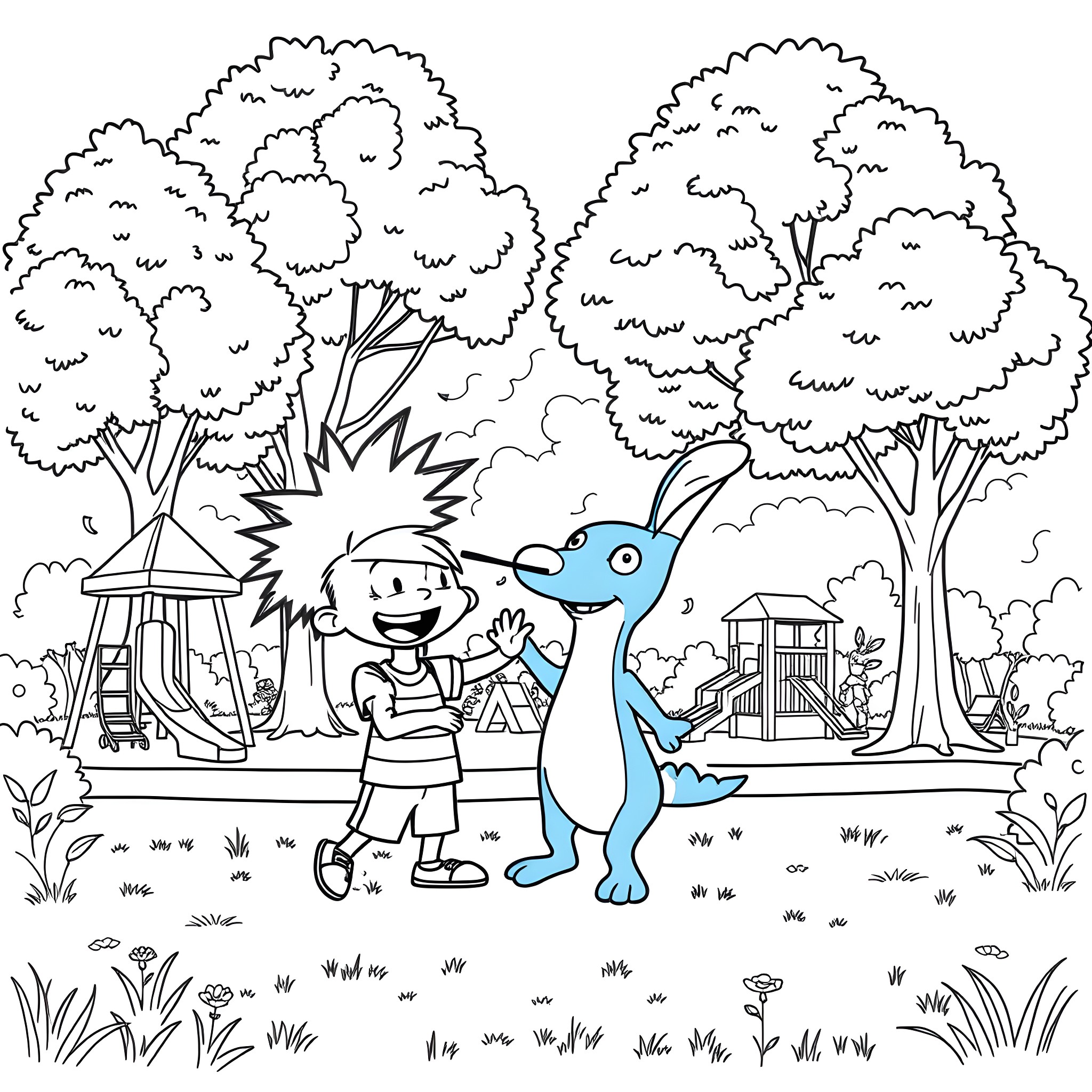 Hey Arnold playing with blue dinosaur in the park Coloring Page (free black-and-white line drawing printable PDF for all, from beginners to advanced learners, including children, teens, adults, and seniors)