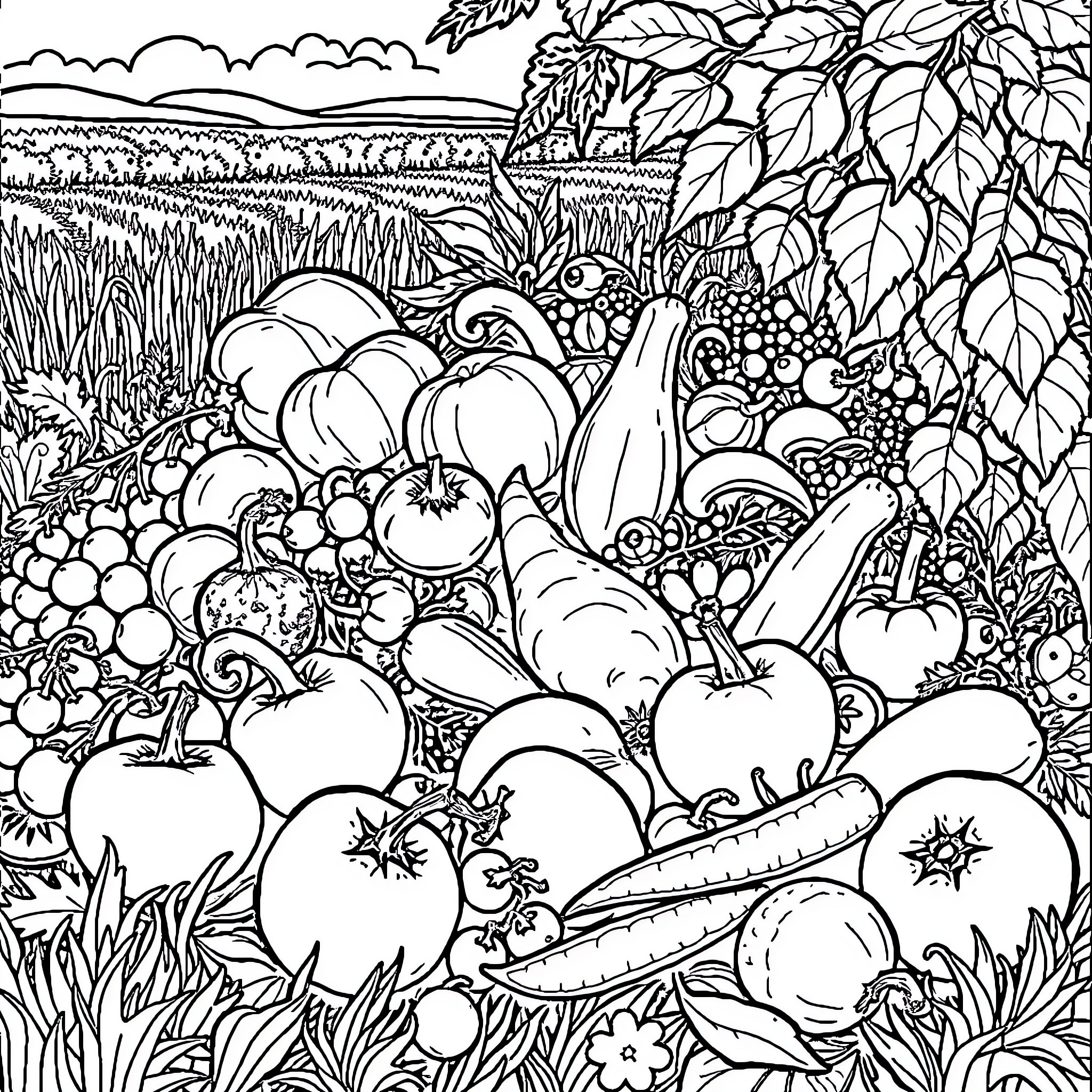 Harvest of Bountiful Produce in Pastoral Landscape Coloring Page (free black-and-white line drawing printable PDF for all, from beginners to advanced learners, including children, teens, adults, and seniors)