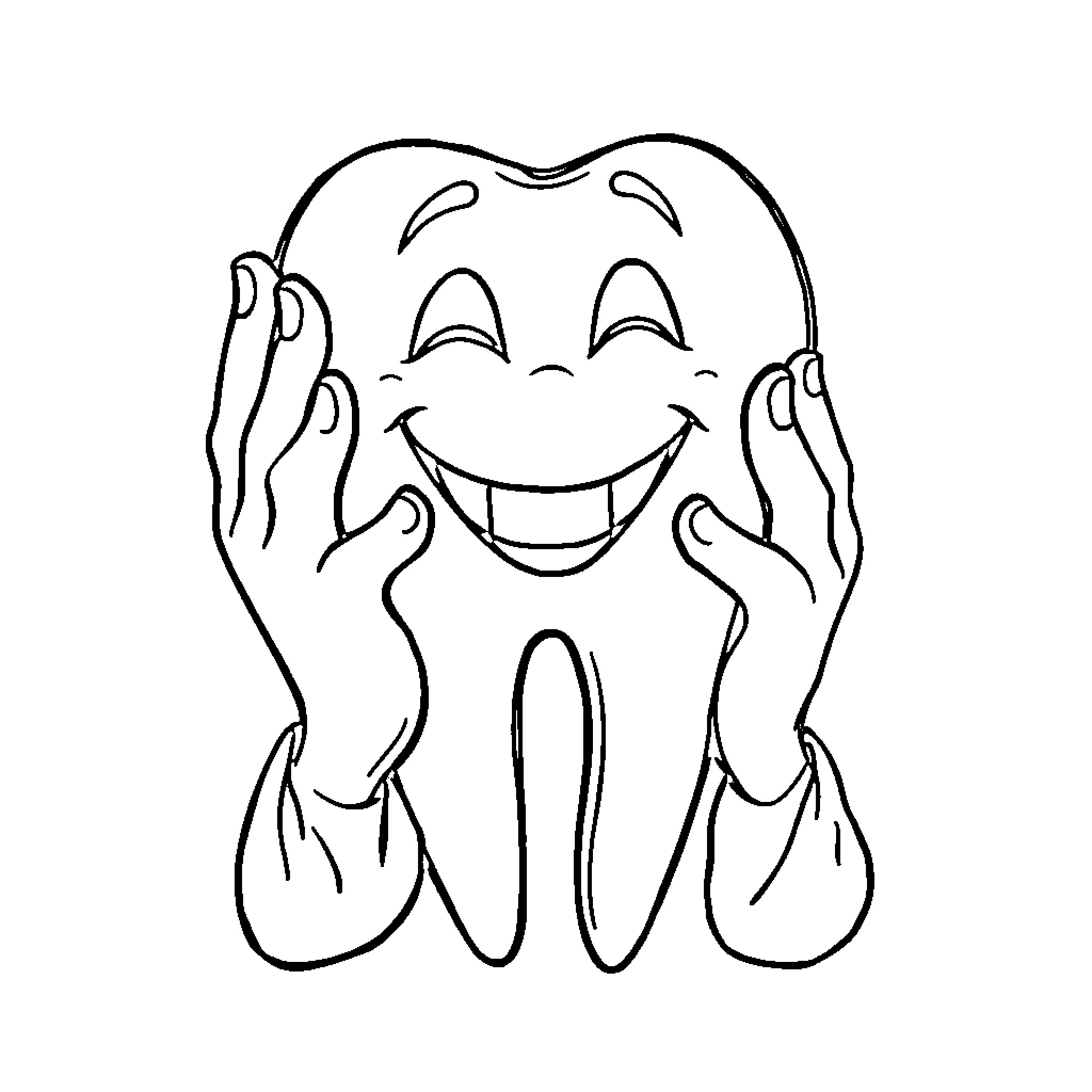 Tooth with Smiling Hands Coloring Page (free black-and-white line drawing printable PDF for all, from beginners to advanced learners, including children, teens, adults, and seniors)