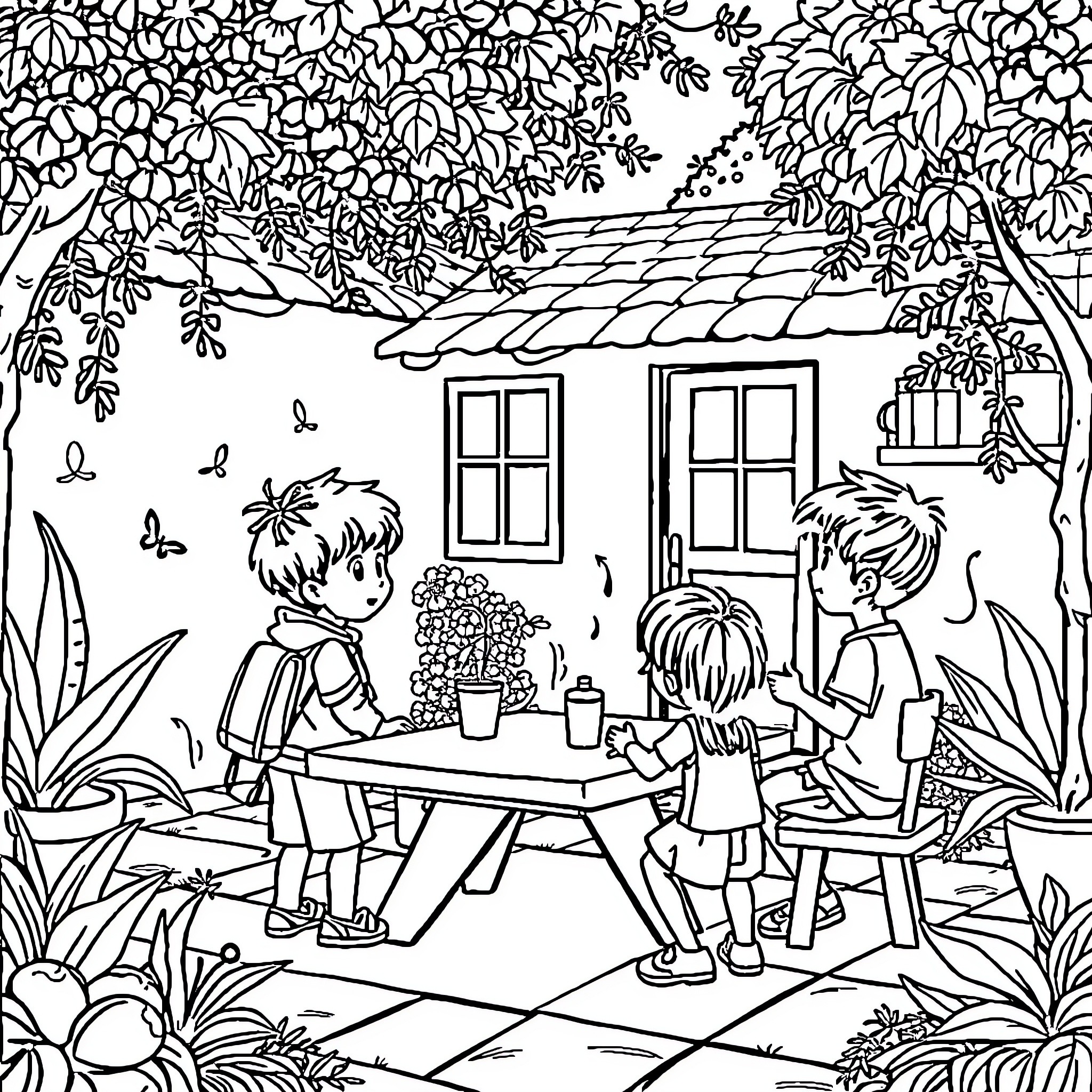 Children playing and exploring in the garden Coloring Page (free black-and-white line drawing printable PDF for all, from beginners to advanced learners, including children, teens, adults, and seniors)