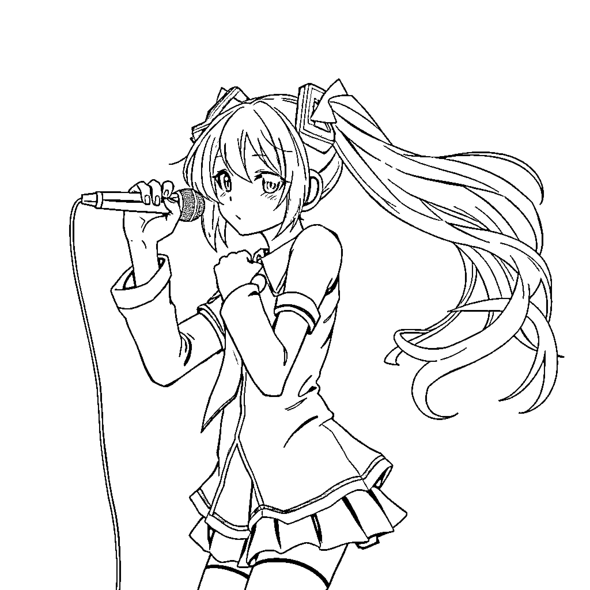 Hatsune Miku Singing Passionately on Stage Coloring Page (free black-and-white line drawing printable PDF for all, from beginners to advanced learners, including children, teens, adults, and seniors)