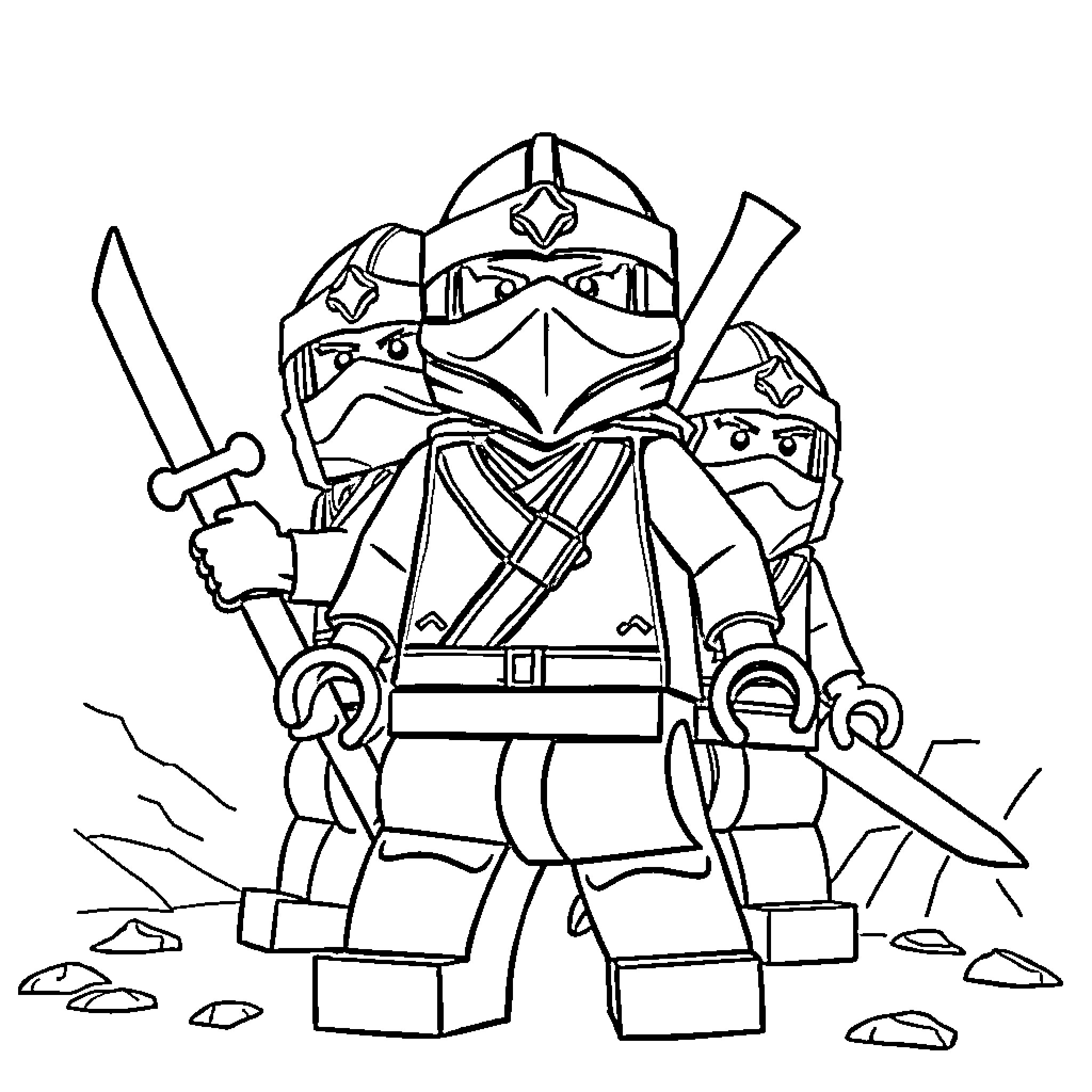 Ninjago warriors in combat formation Coloring Page (free black-and-white line drawing printable PDF for all, from beginners to advanced learners, including children, teens, adults, and seniors)