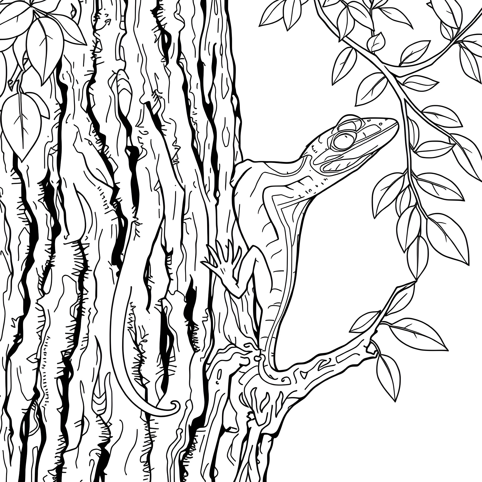 Emerald Tree Skink Exploring the Foliage Coloring Page (free black-and-white line drawing printable PDF for all, from beginners to advanced learners, including children, teens, adults, and seniors)