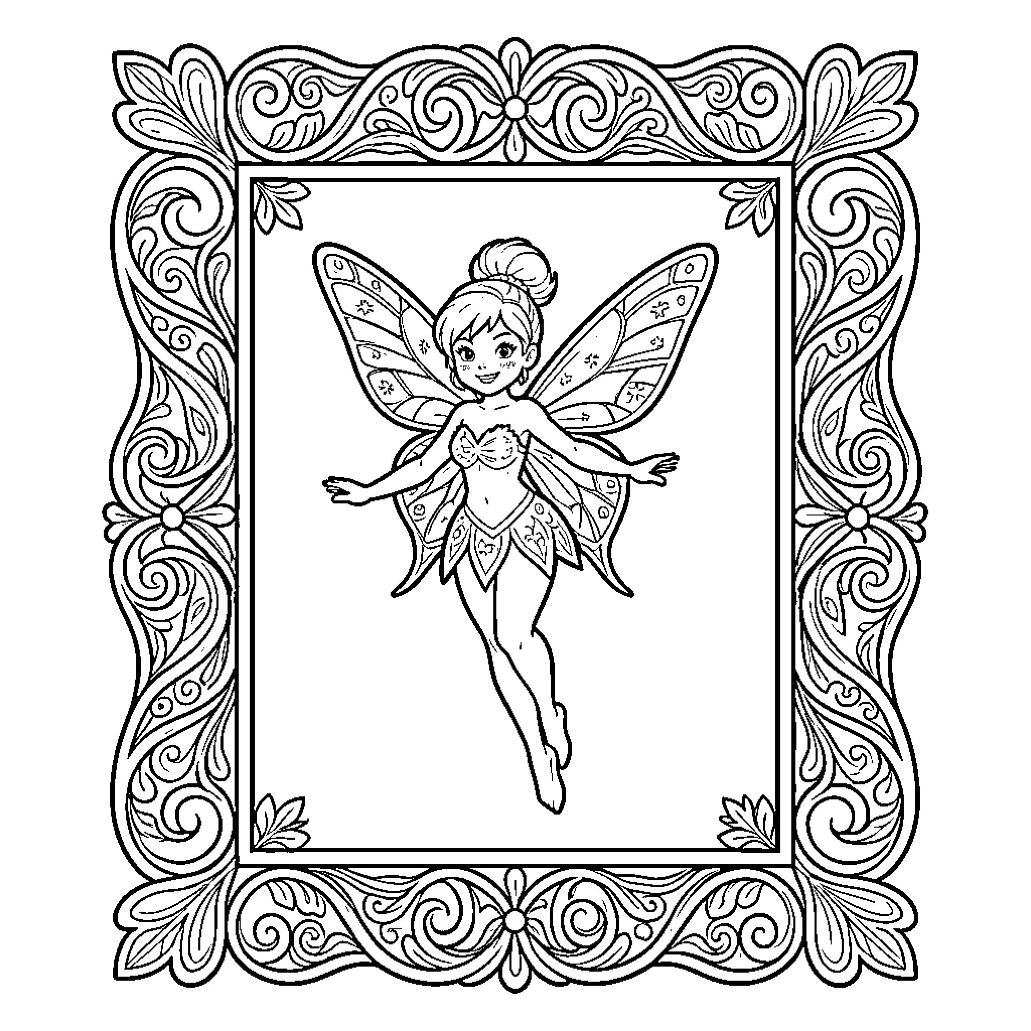 Frame of a fairy character in a decorative border Coloring Page (free black-and-white line drawing printable PDF for all, from beginners to advanced learners, including children, teens, adults, and seniors)