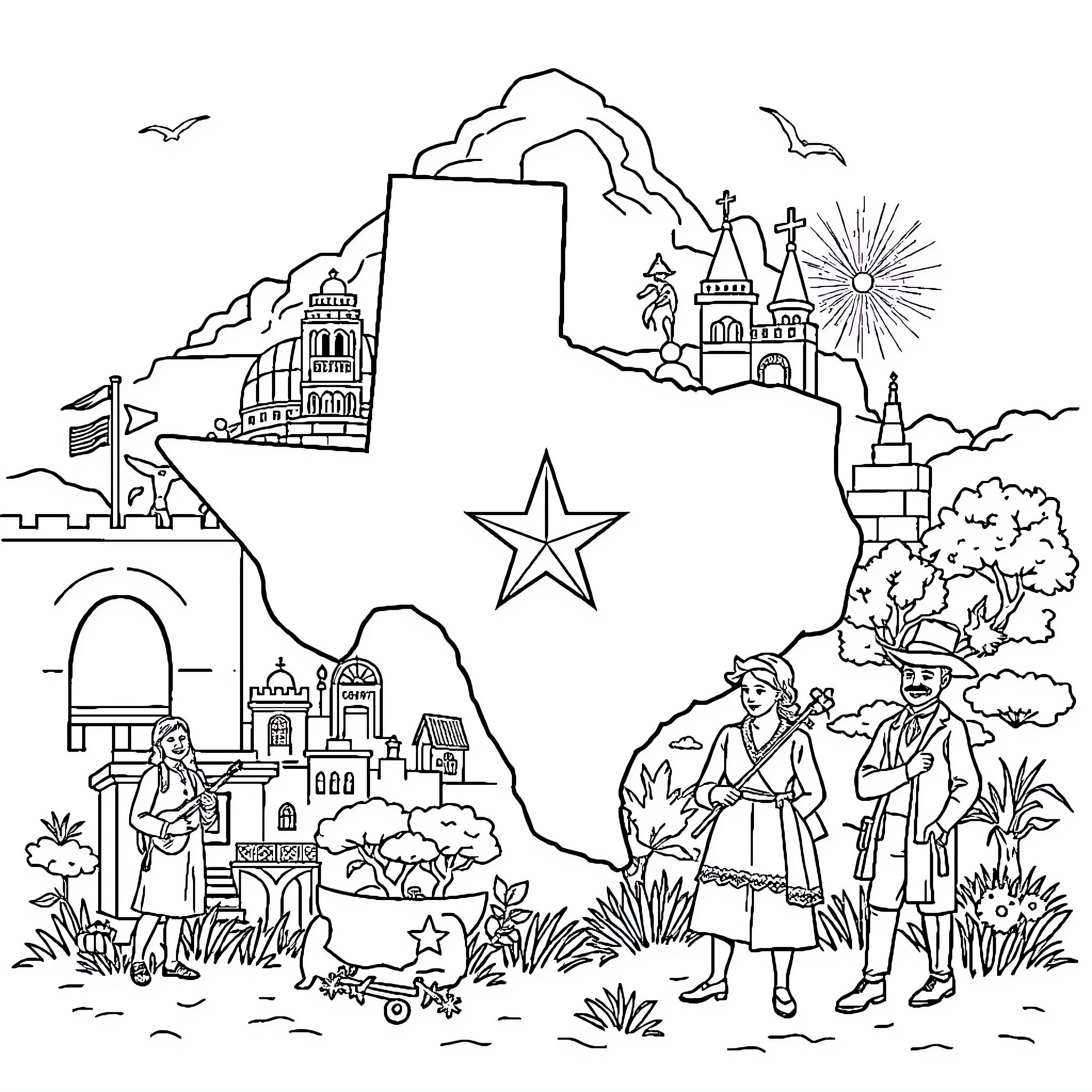 Texas Scenes of Historic Buildings and People Coloring Page (free black-and-white line drawing printable PDF for all, from beginners to advanced learners, including children, teens, adults, and seniors)